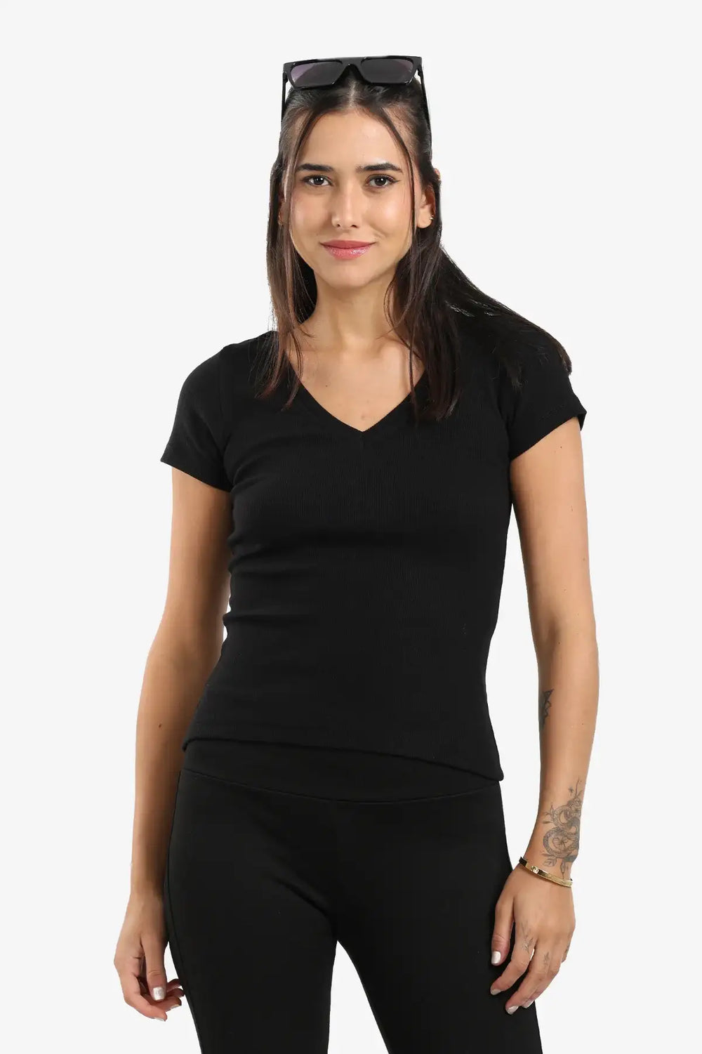 Ribbed V-Neck Fitted Top