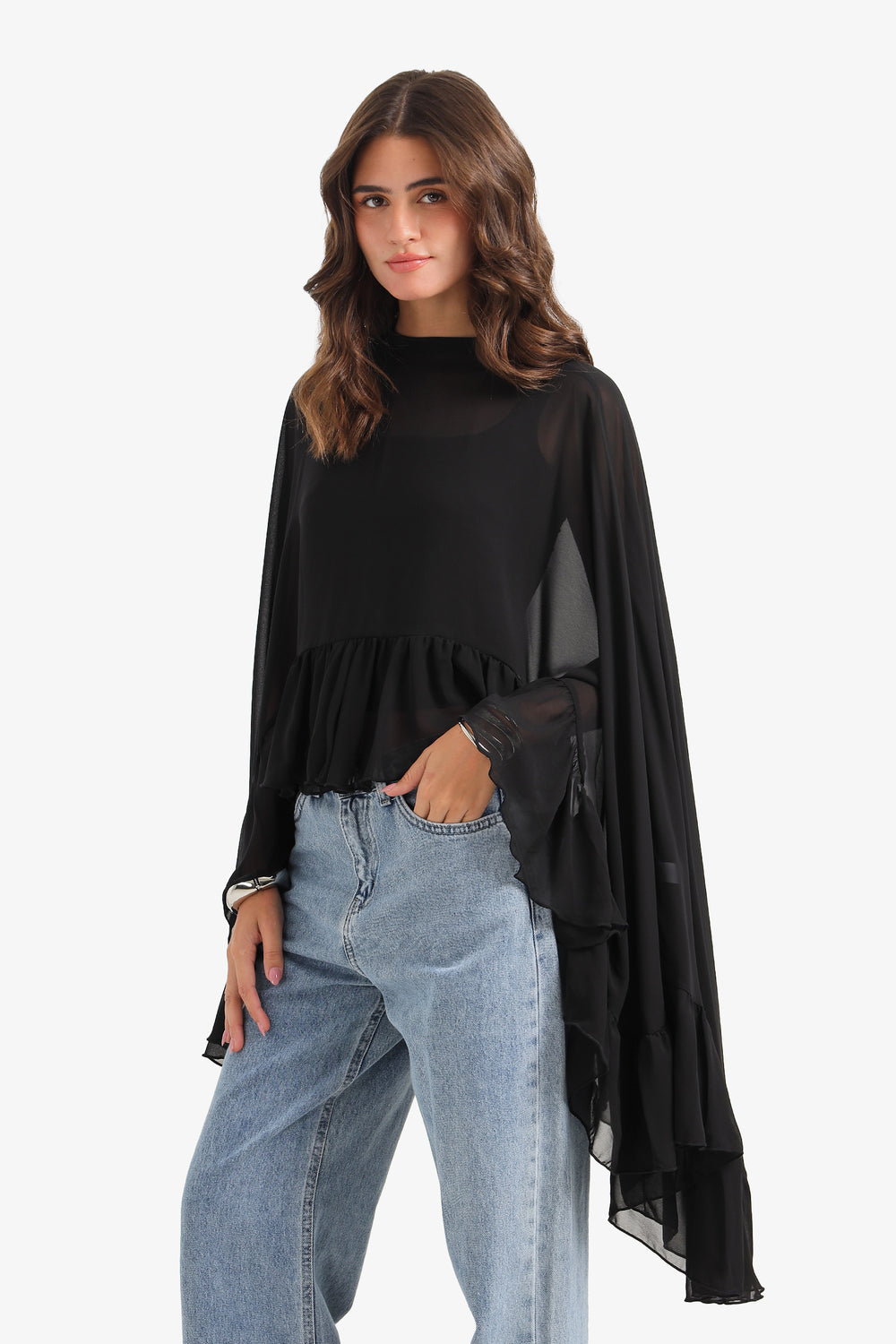Ruffle Detail Cape Poncho