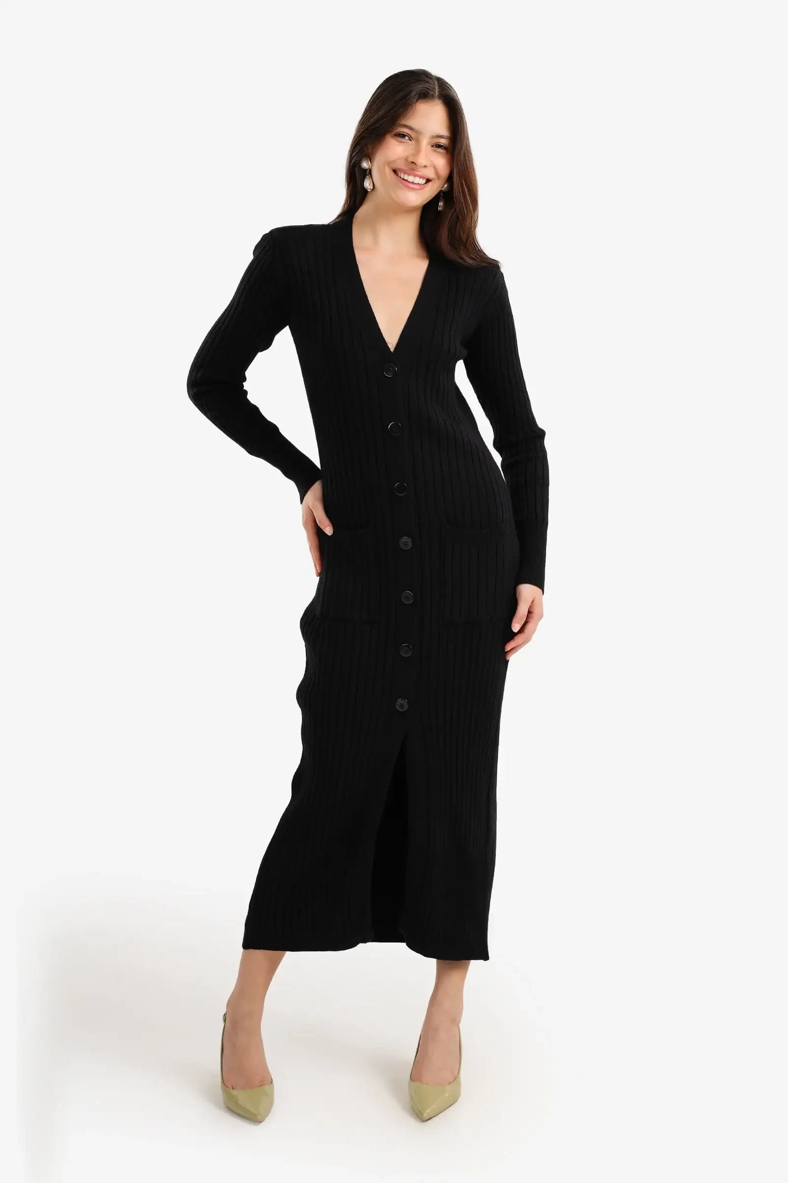 Ribbed Button-Up Midi Dress
