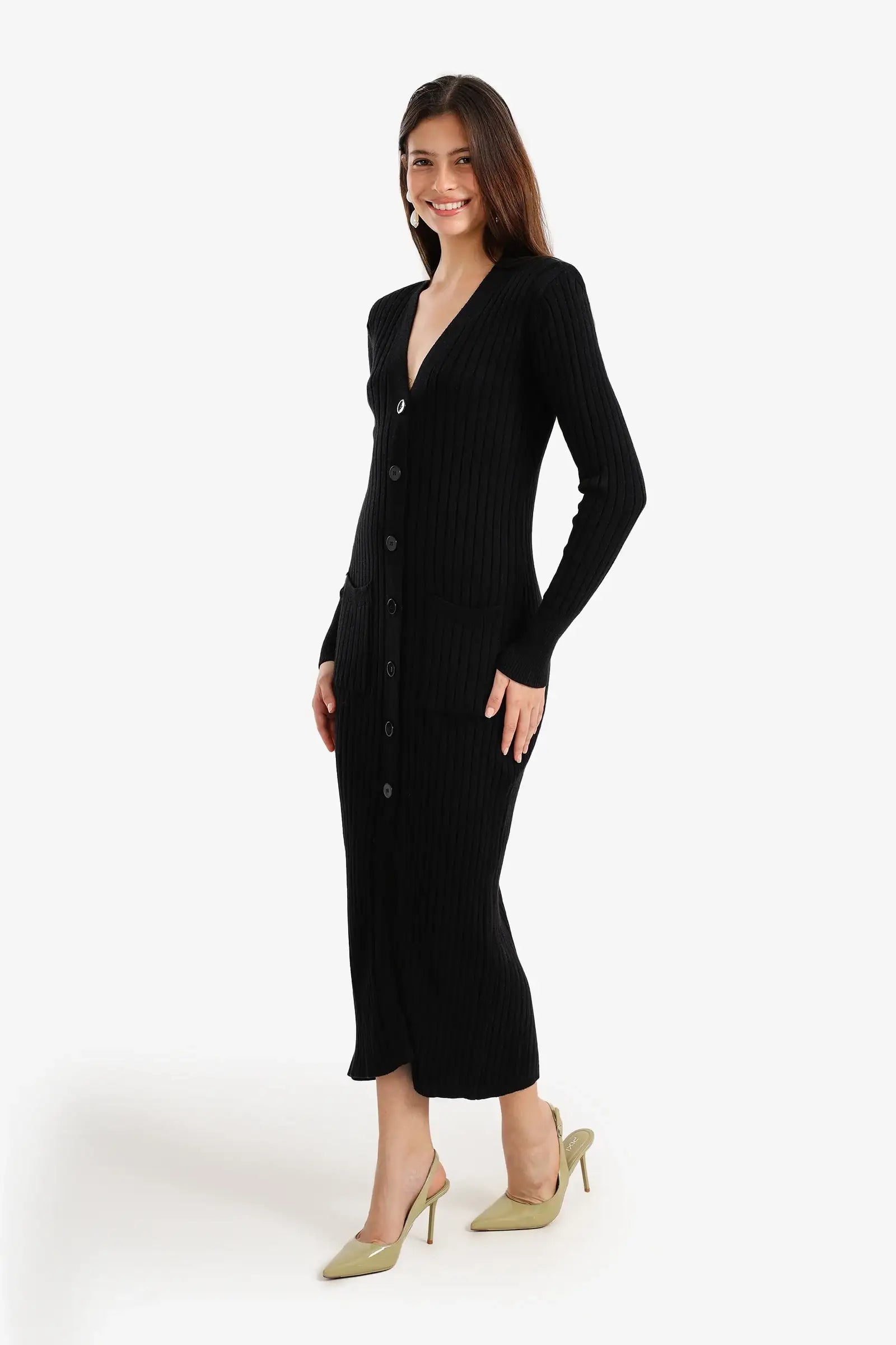 Ribbed Button-Up Midi Dress
