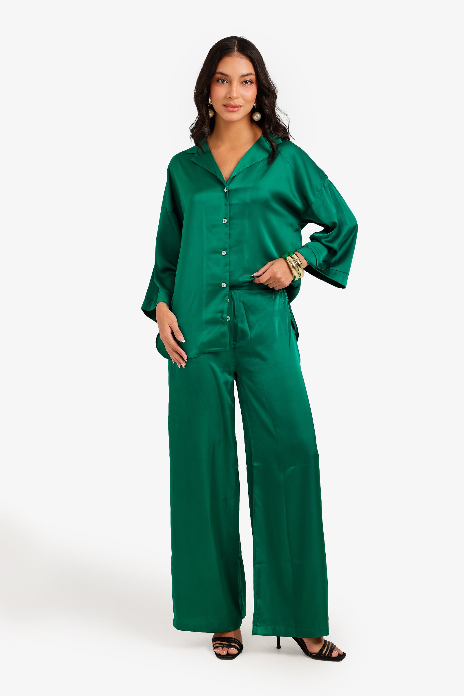 Contrast-Button Satin Set