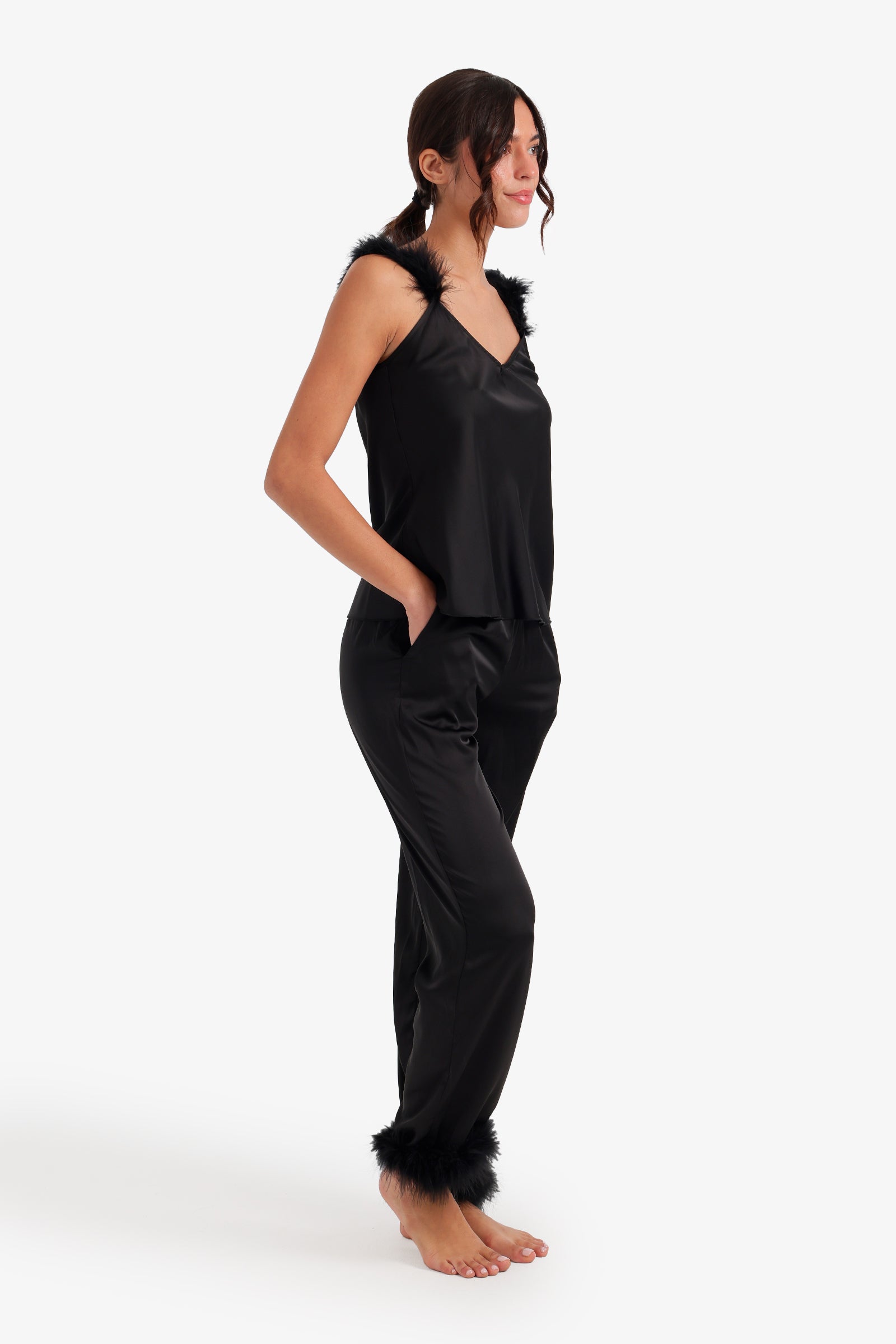 Feather-Trim Satin Pyjama