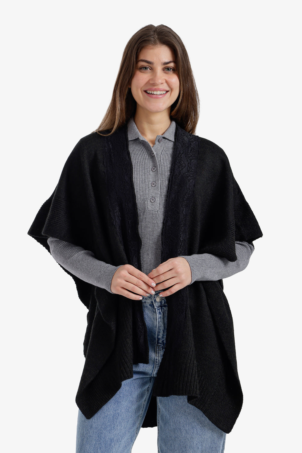 Lace-Trim Asymmetric Poncho