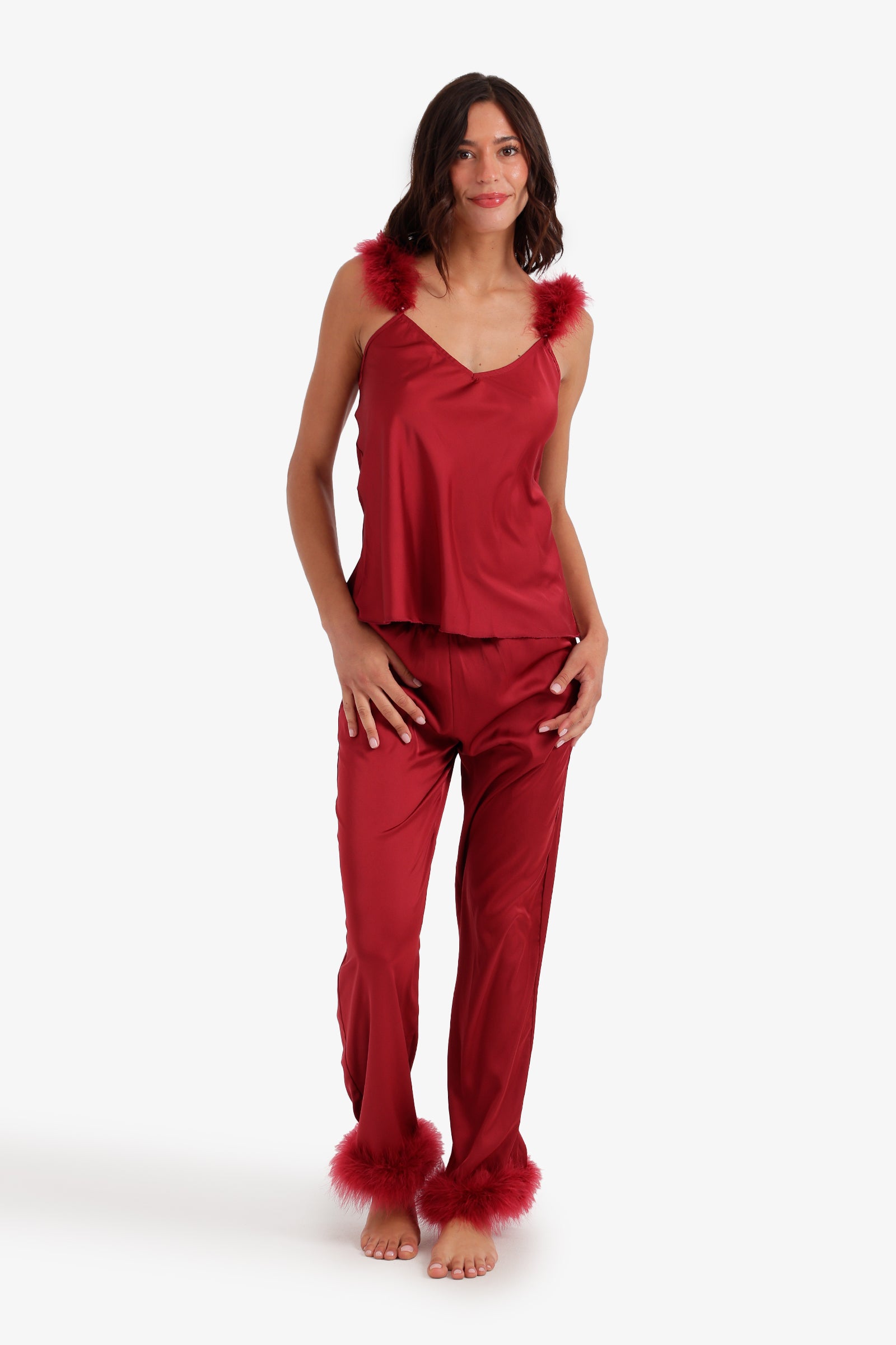 Feather-Trim Satin Pyjama