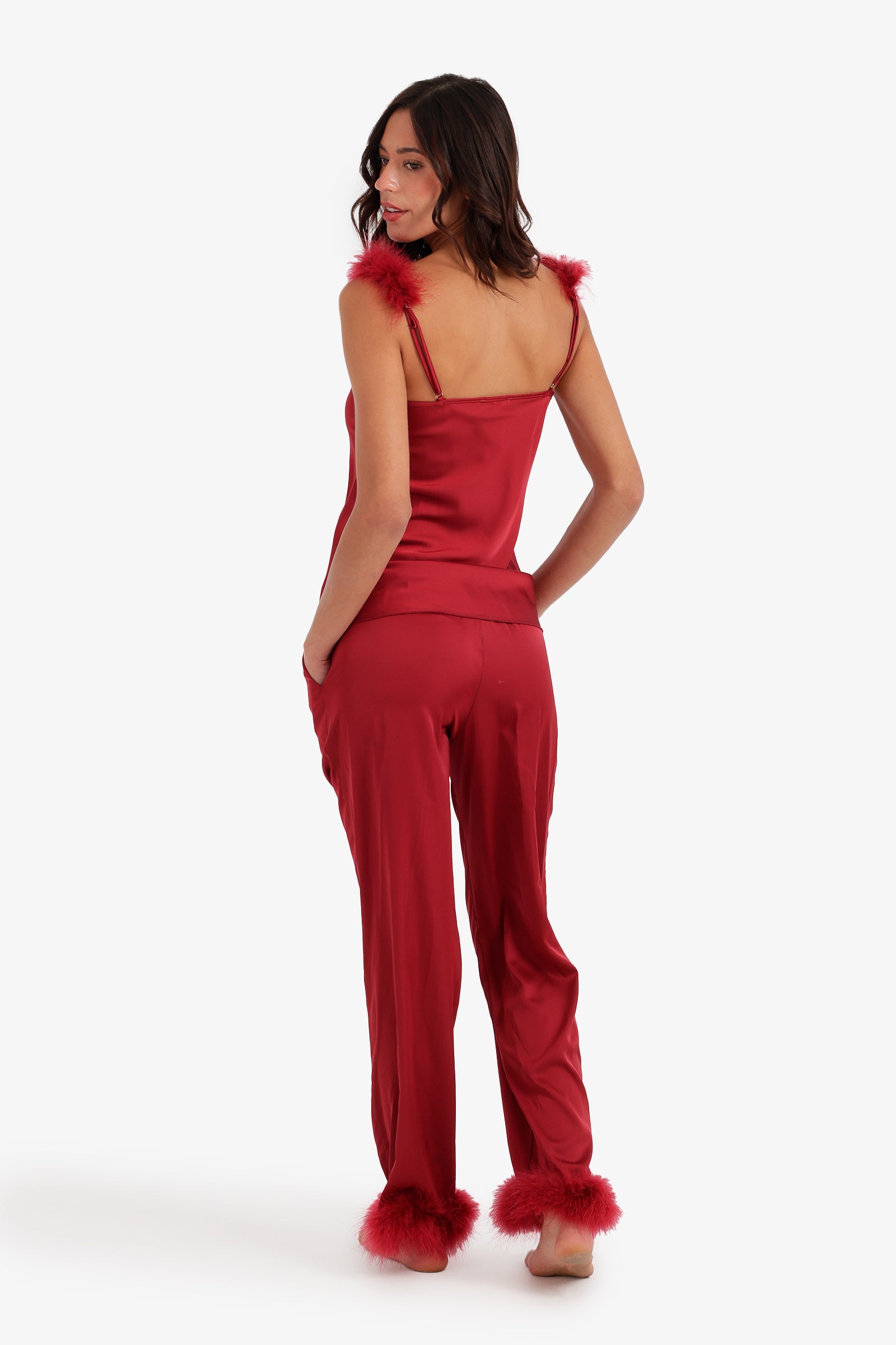 Feather-Trim Satin Pyjama