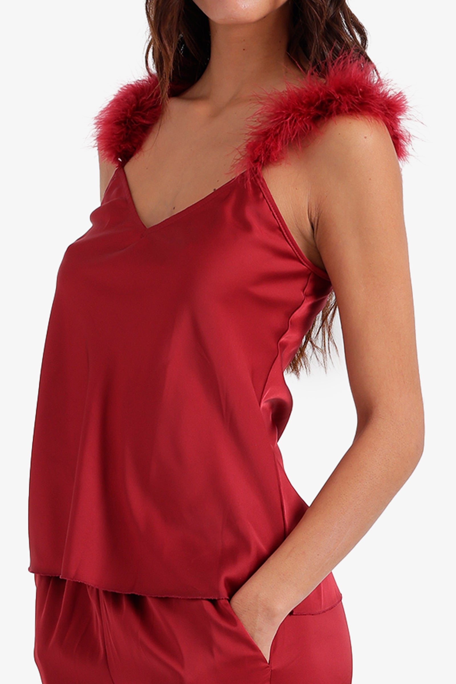 Feather-Trim Satin Pyjama