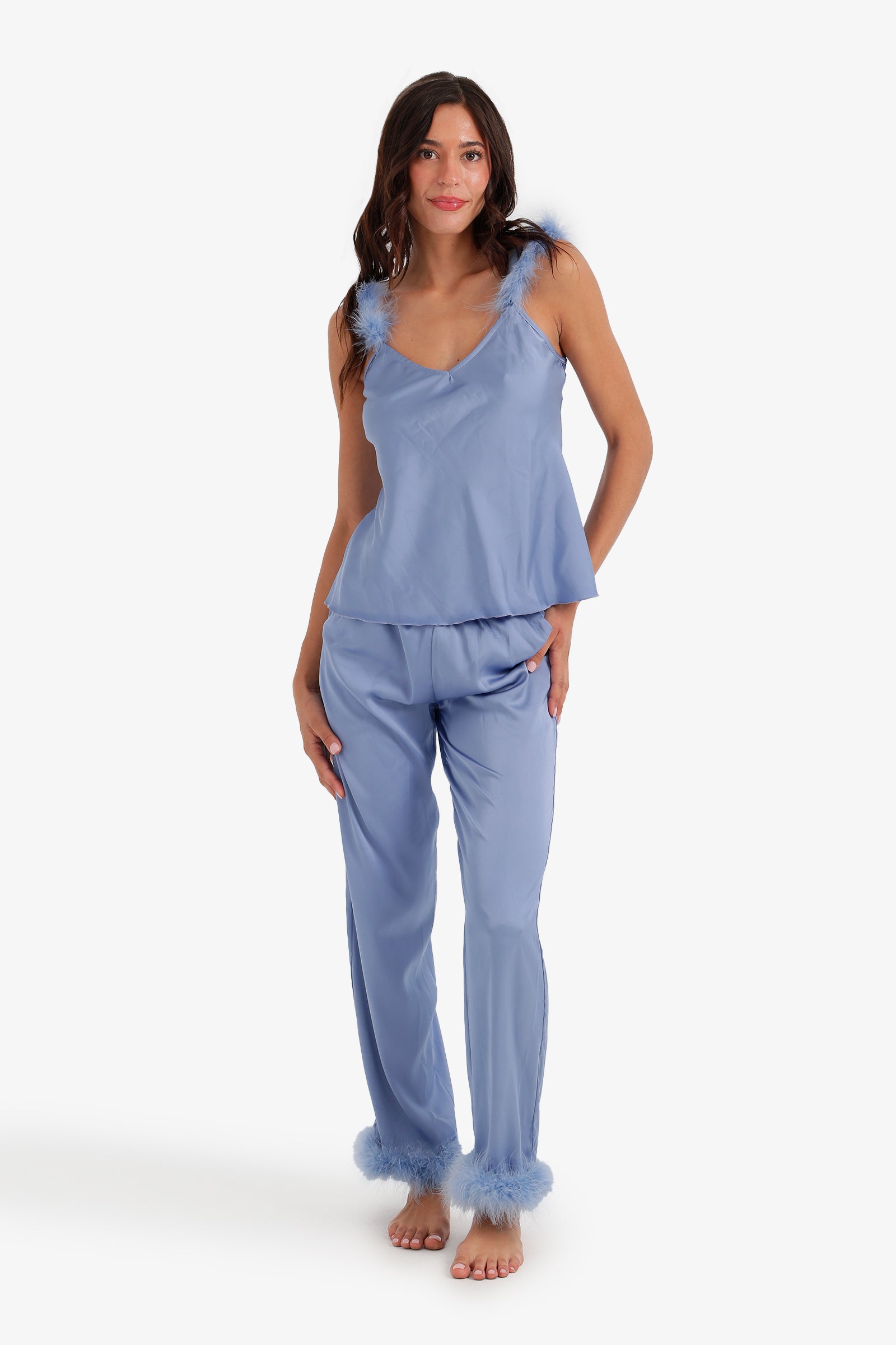 Feather-Trim Satin Pyjama