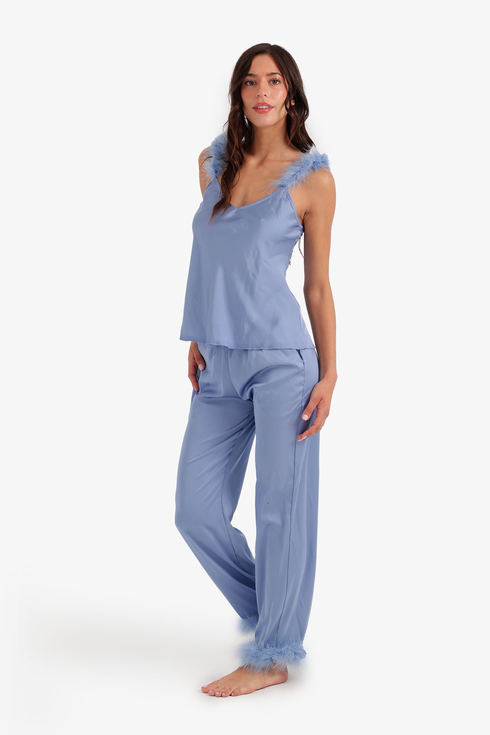 Feather-Trim Satin Pyjama