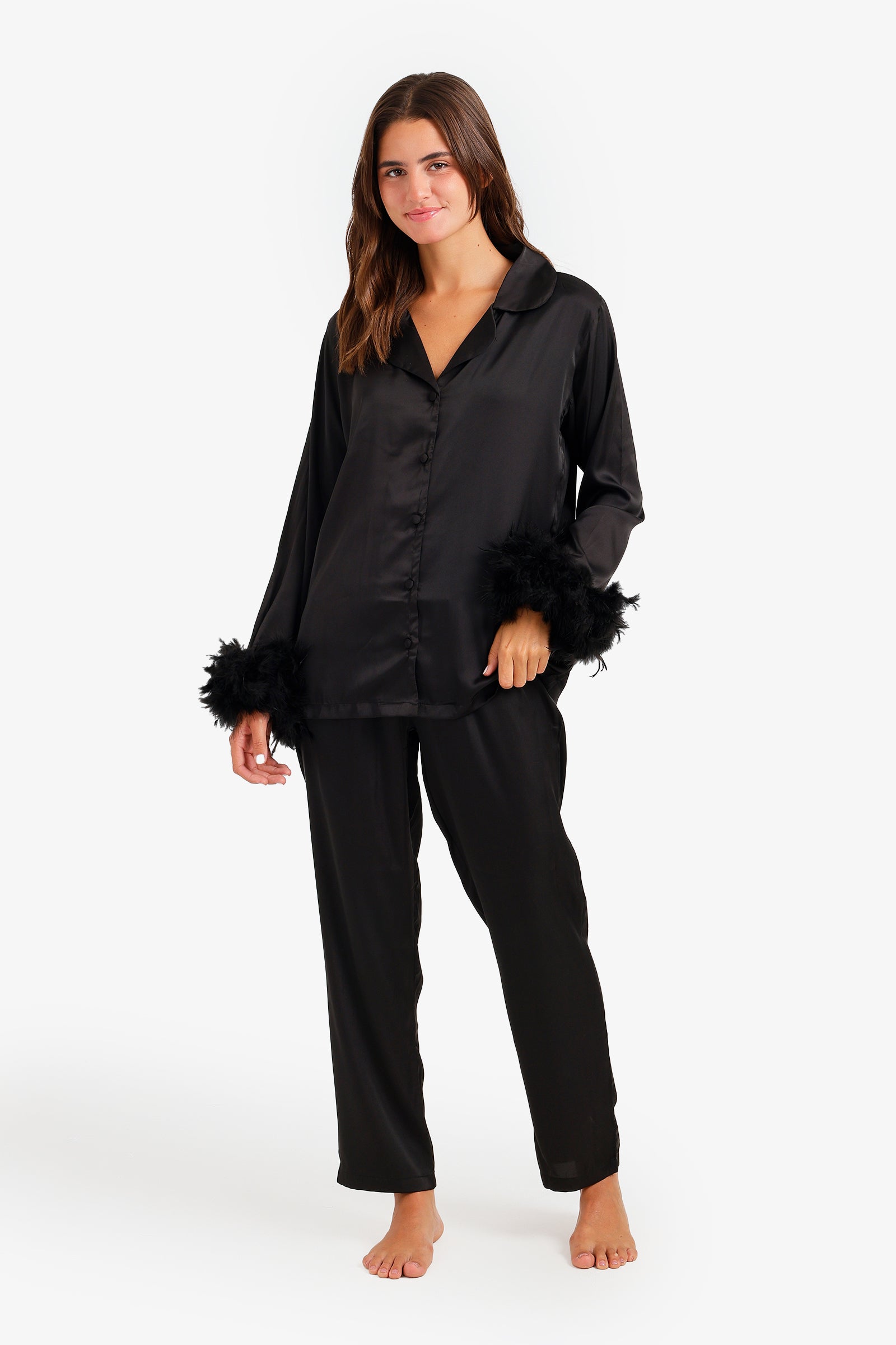 Satin Fur Cuff Pyjama Set