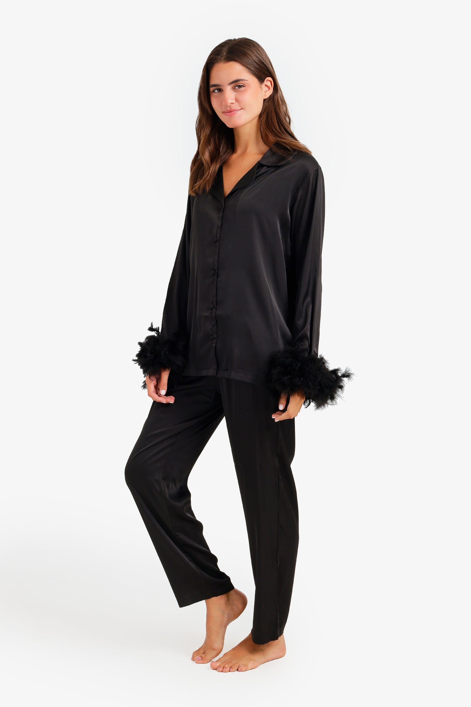 Satin Fur Cuff Pyjama Set