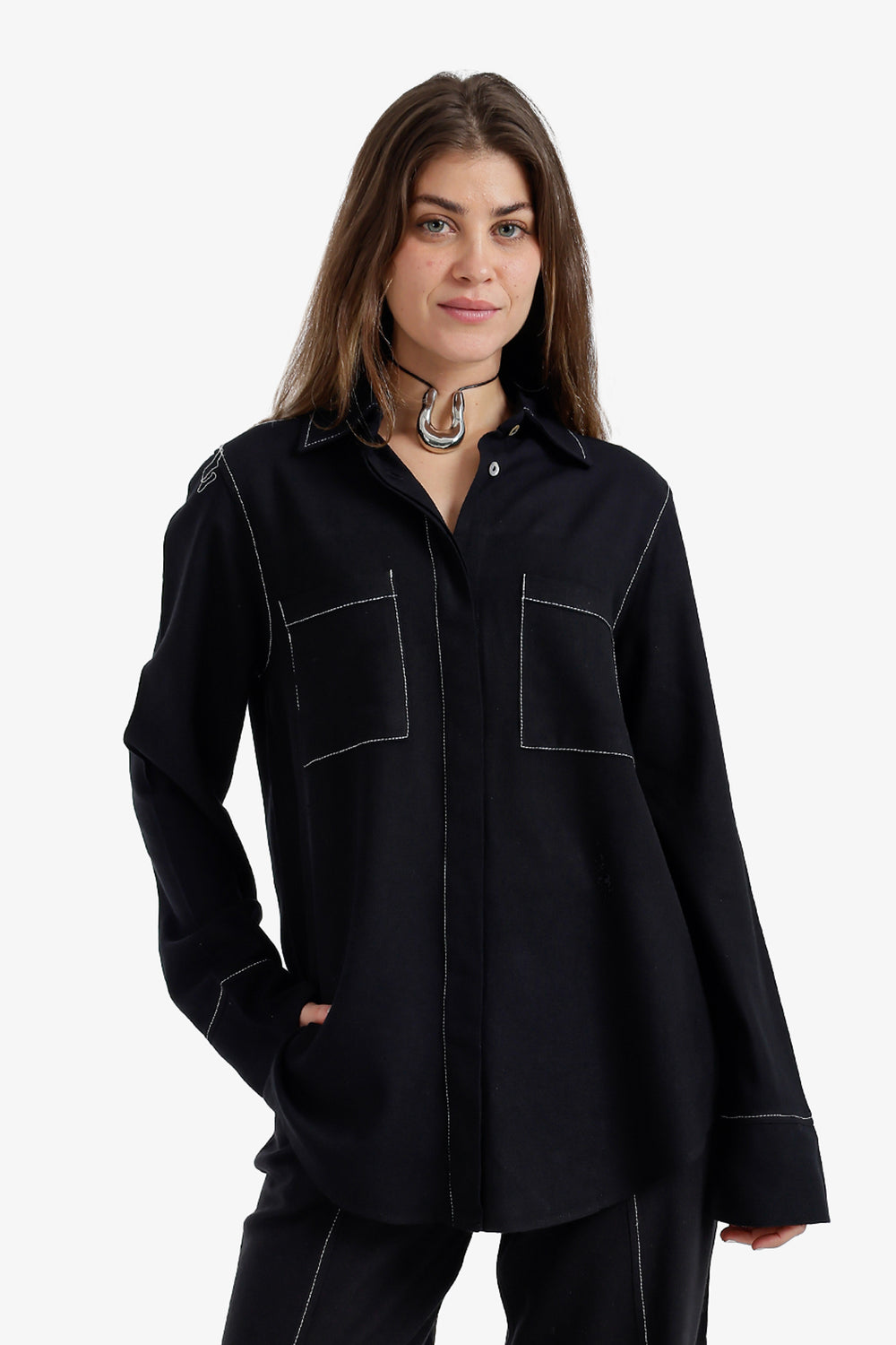 Contrast-Stitch Utility Shirt