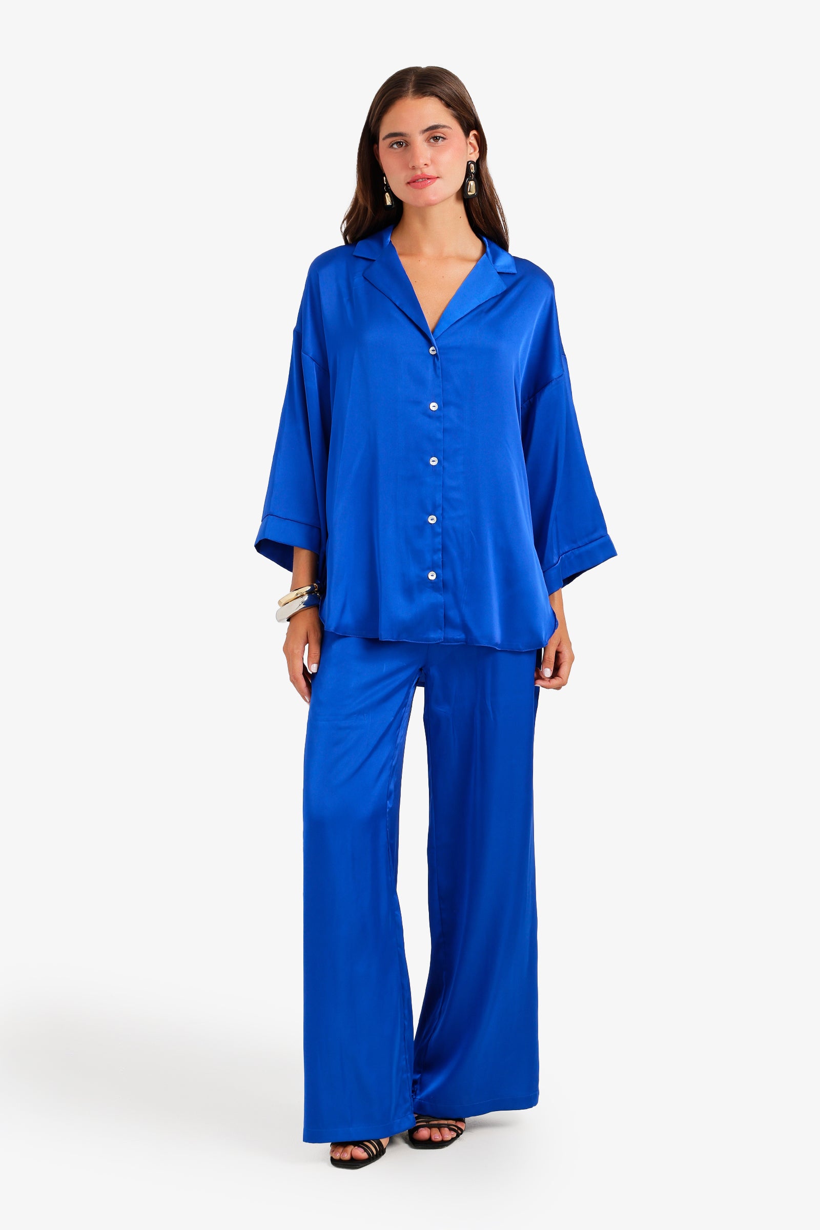Contrast-Button Satin Set