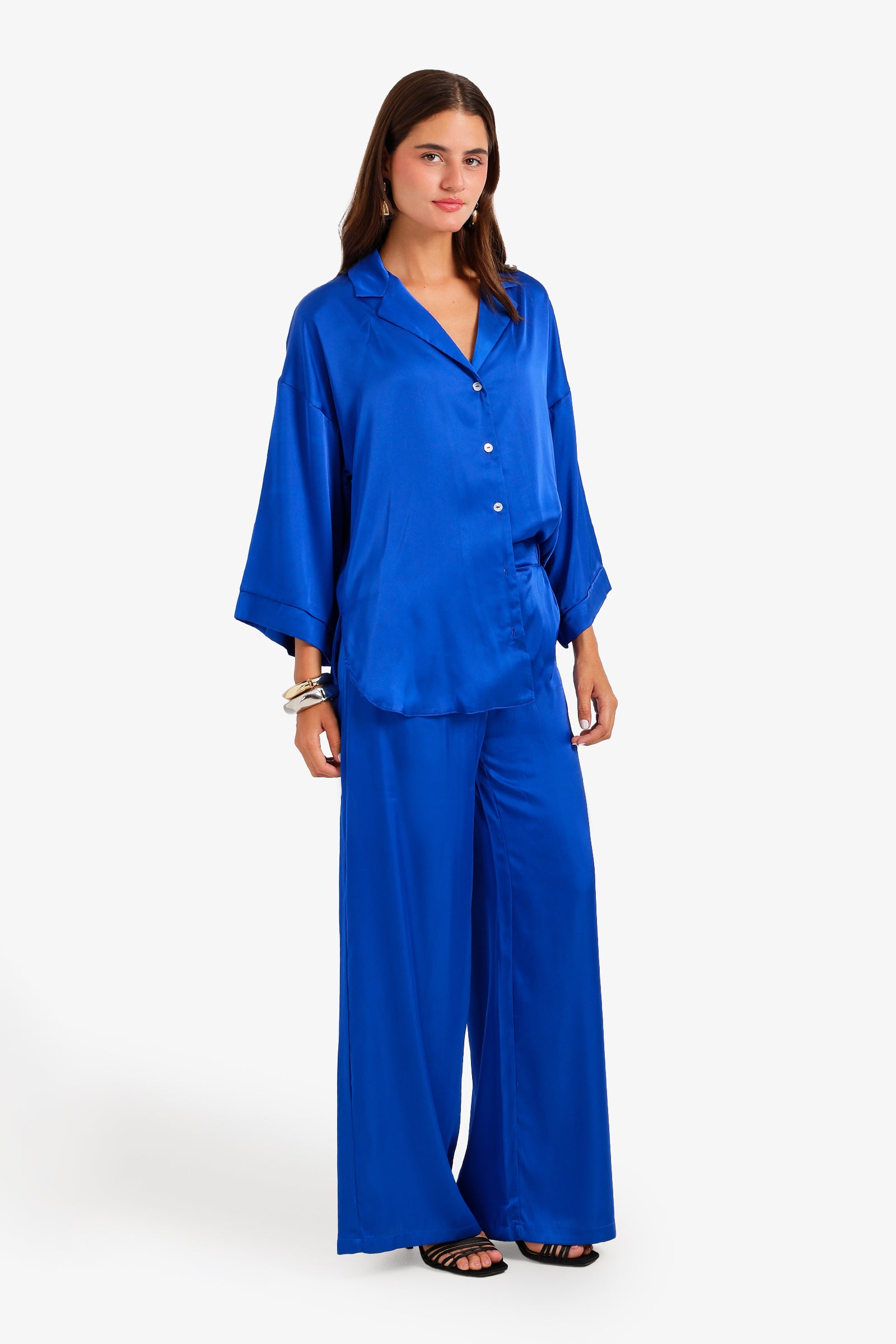Contrast-Button Satin Set