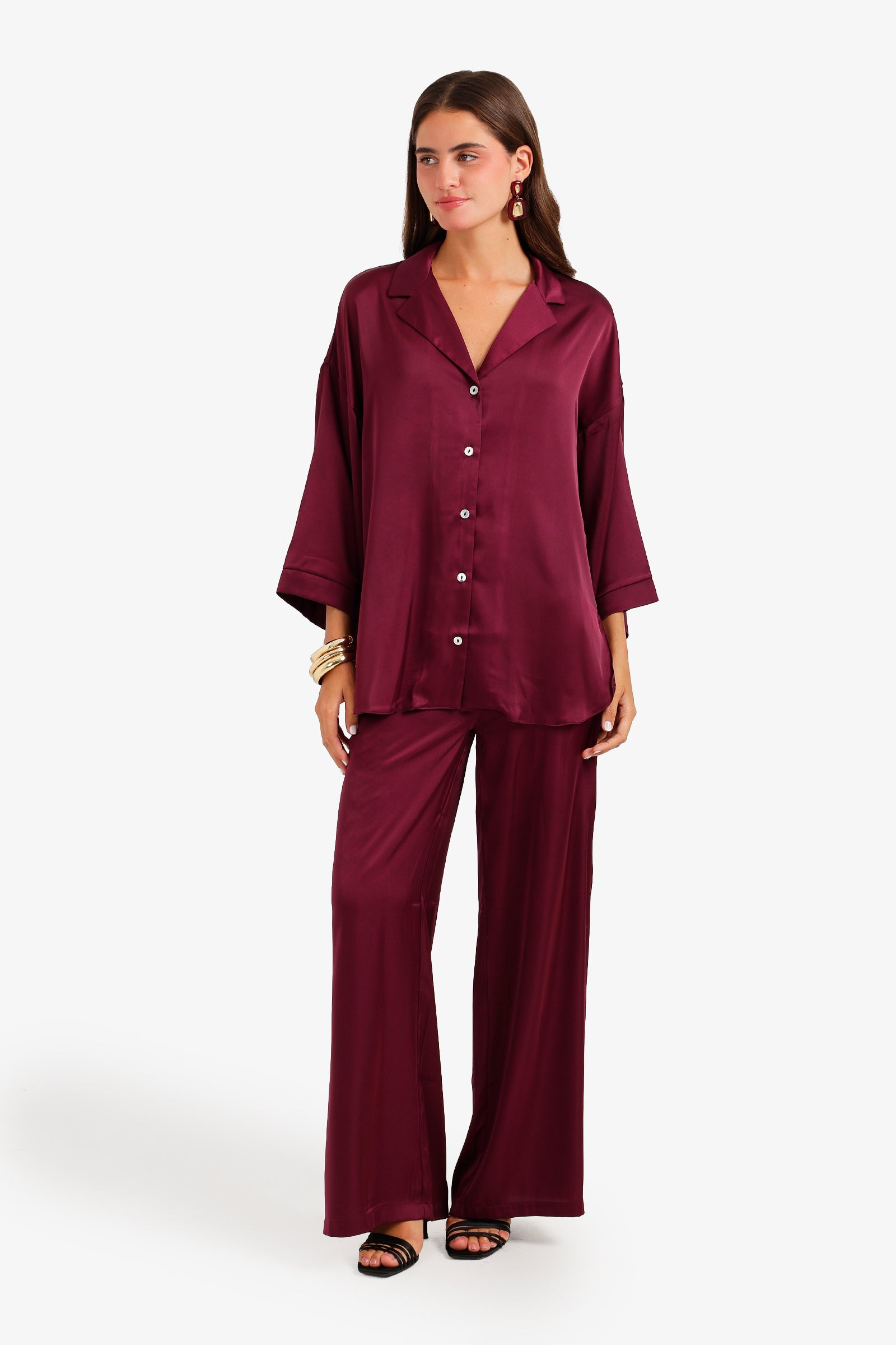 Contrast-Button Satin Set