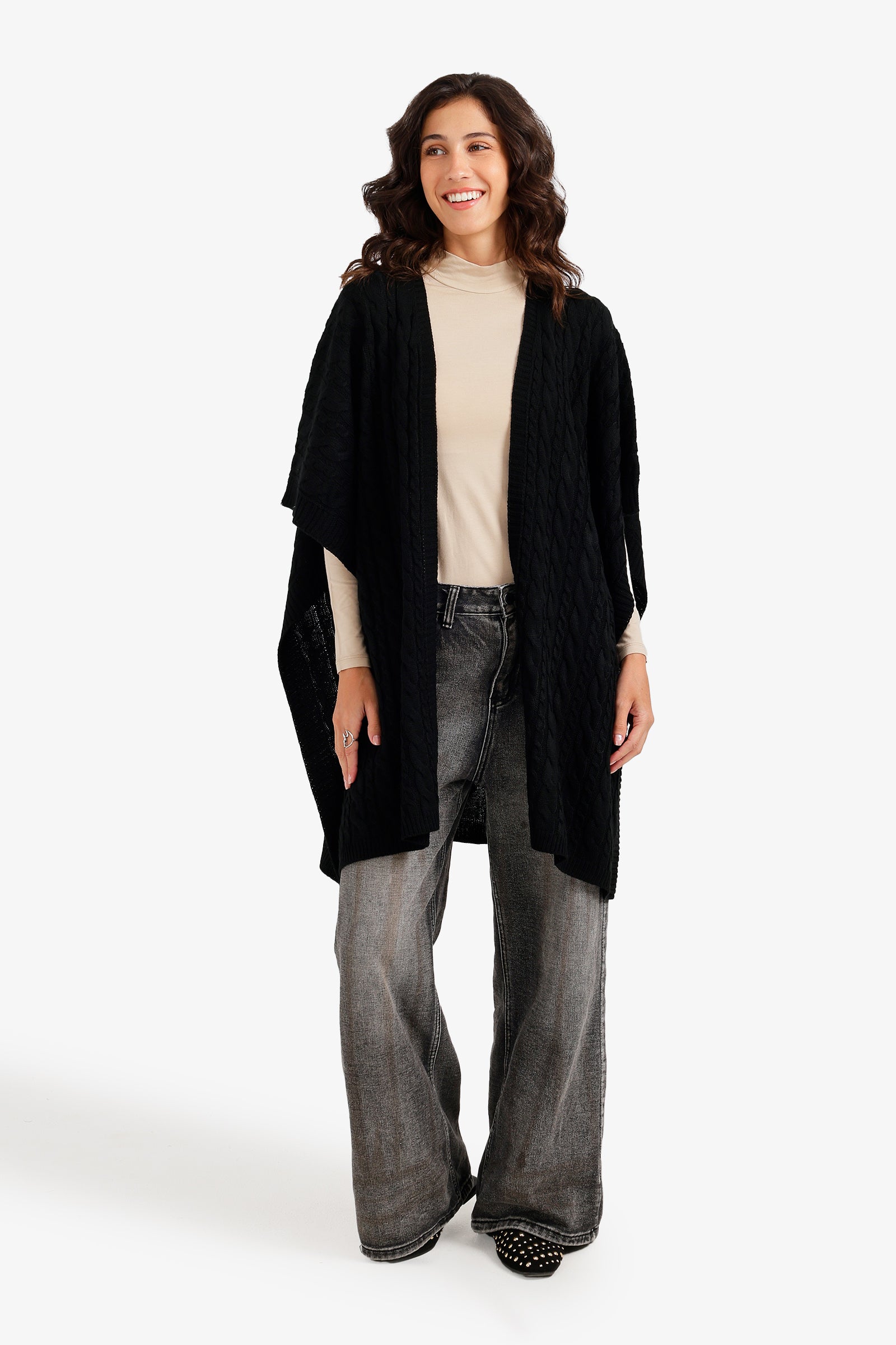 Cable Knit Open-Front Poncho