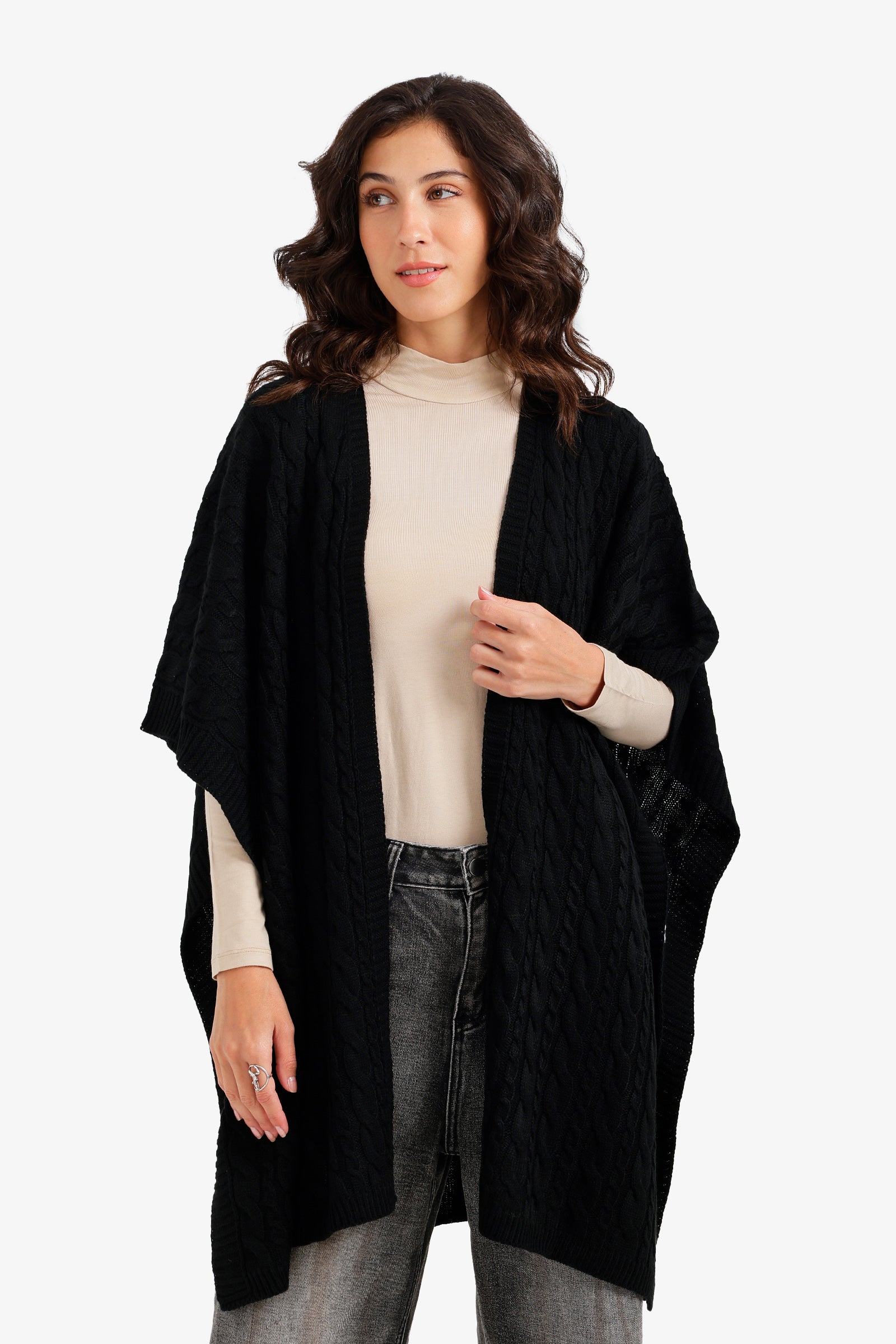 Cable Knit Open-Front Poncho
