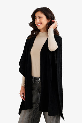Cable Knit Open-Front Poncho