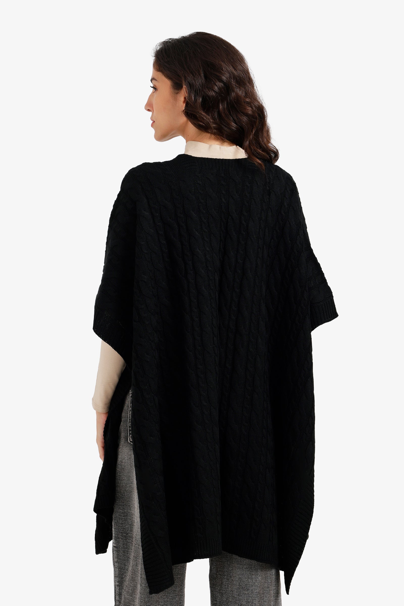 Cable Knit Open-Front Poncho