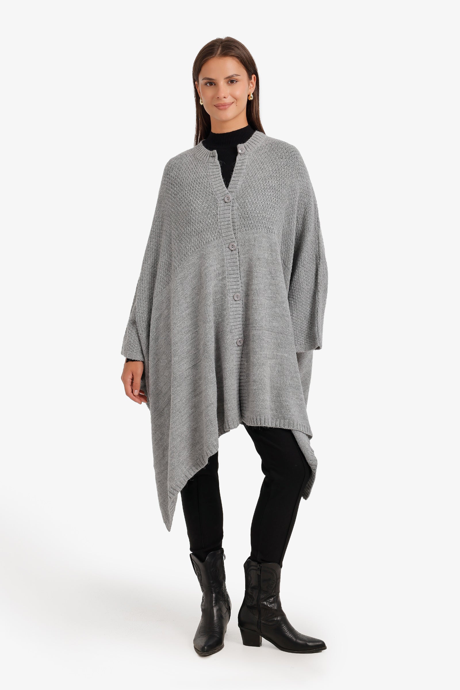 Asymmetric Button Front Poncho