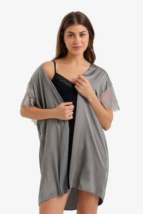 Lace-Sleeve Satin Robe