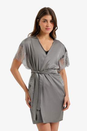Lace-Sleeve Satin Robe