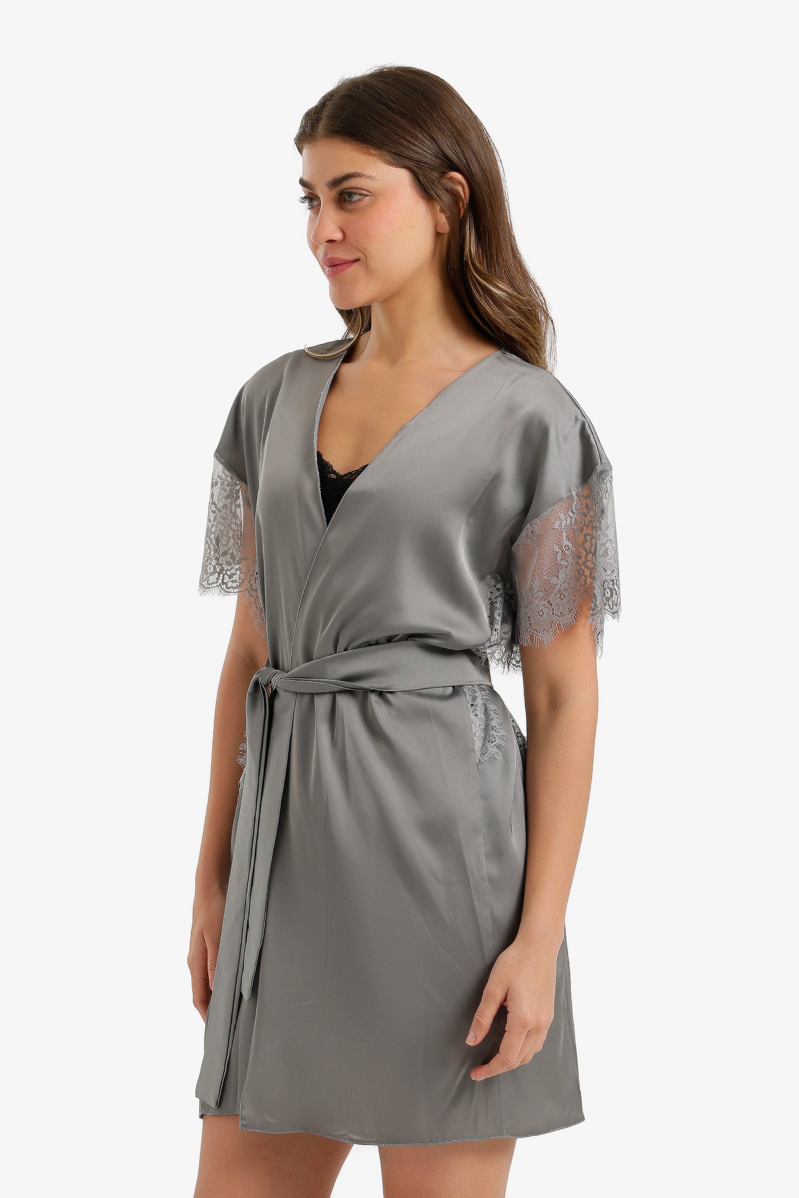 Lace-Sleeve Satin Robe