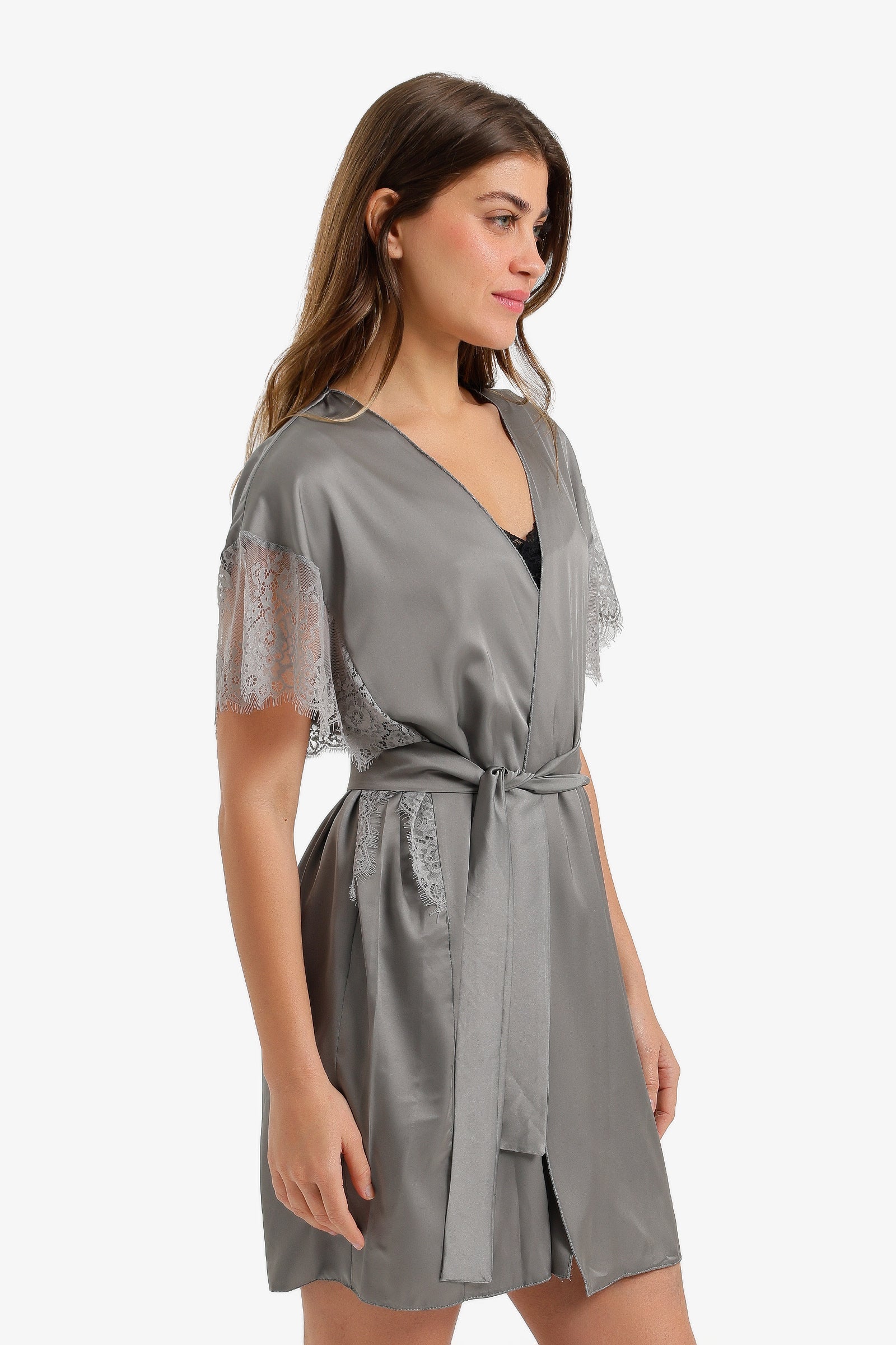 Lace-Sleeve Satin Robe