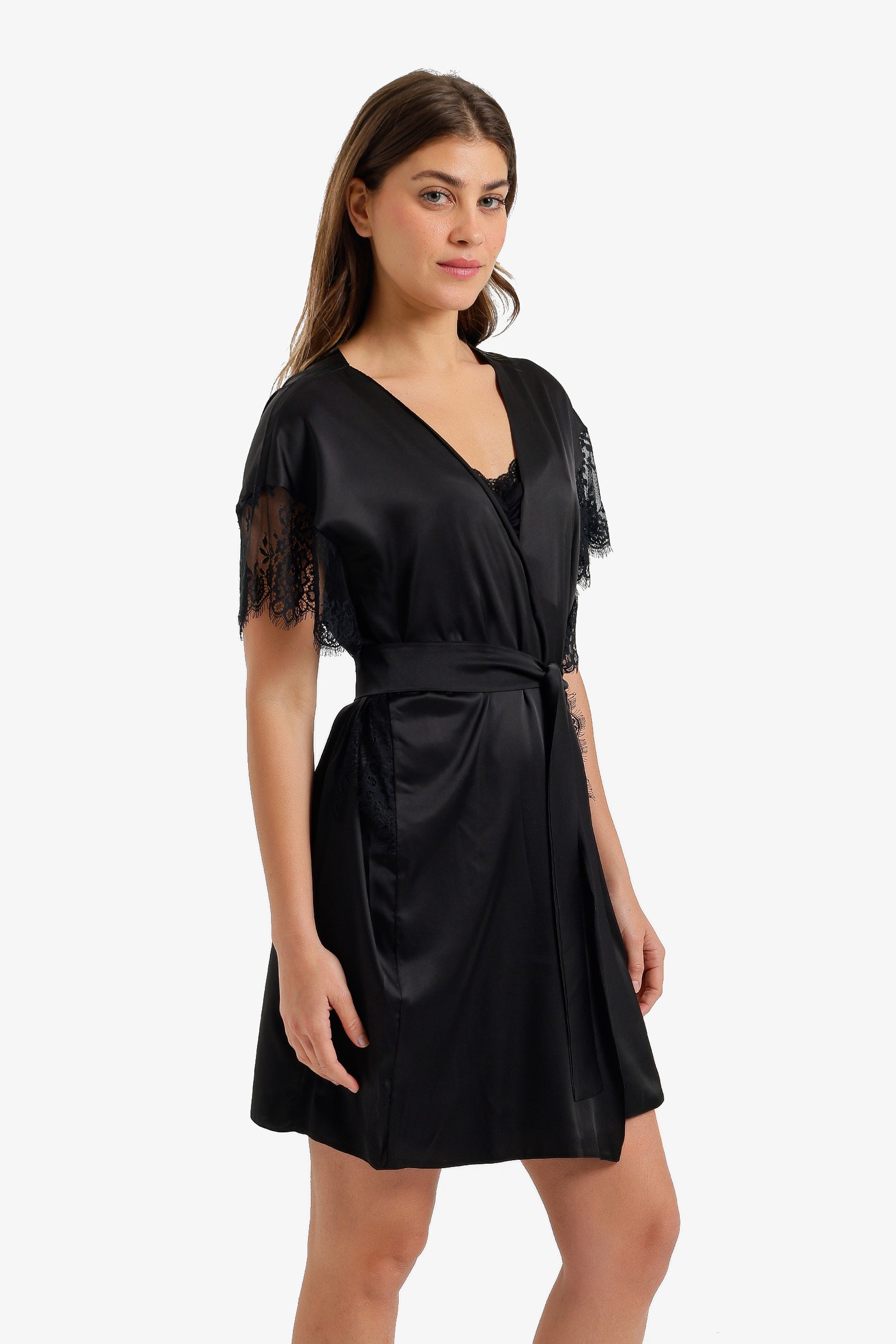 Lace-Sleeve Satin Robe