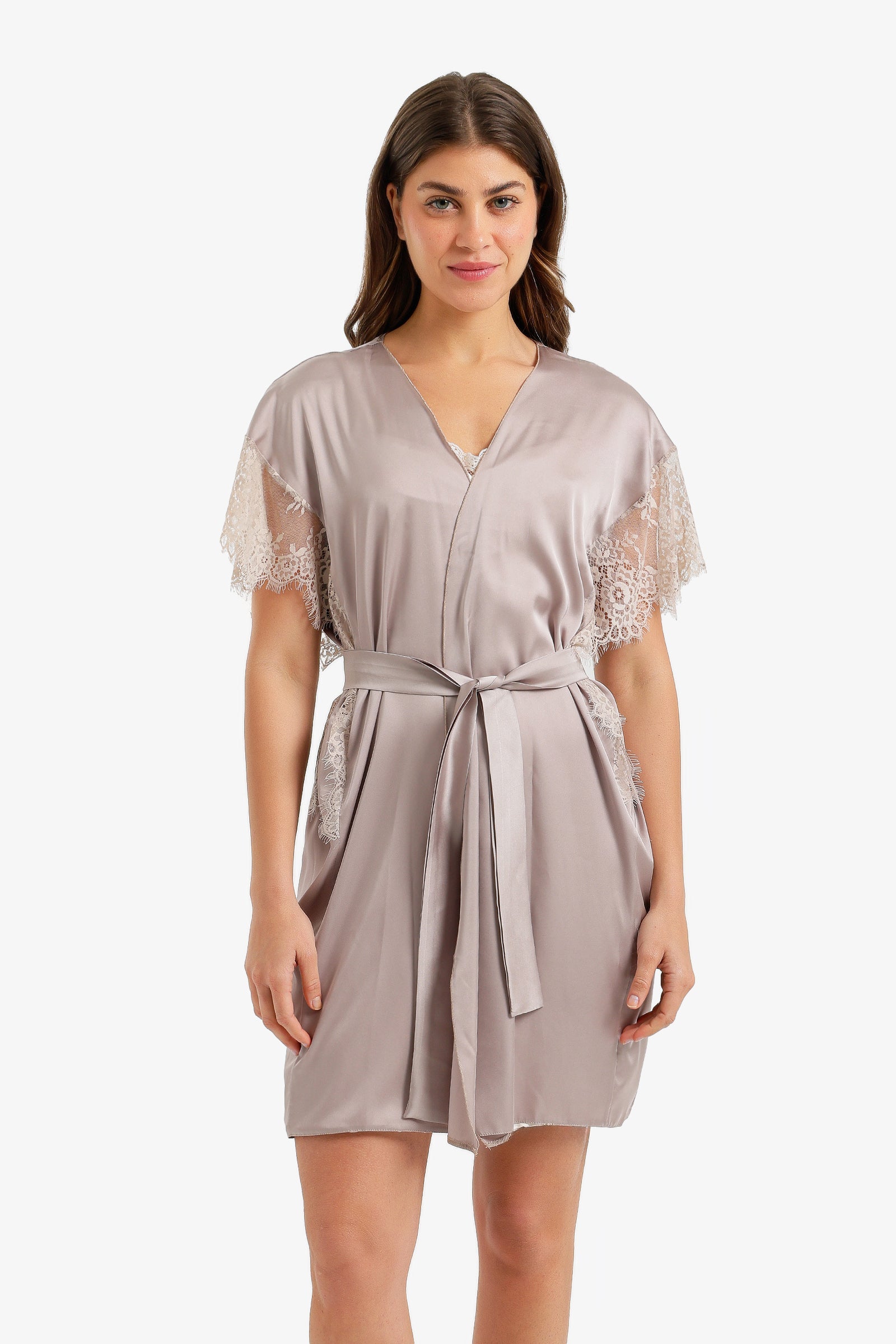 Lace-Sleeve Satin Robe