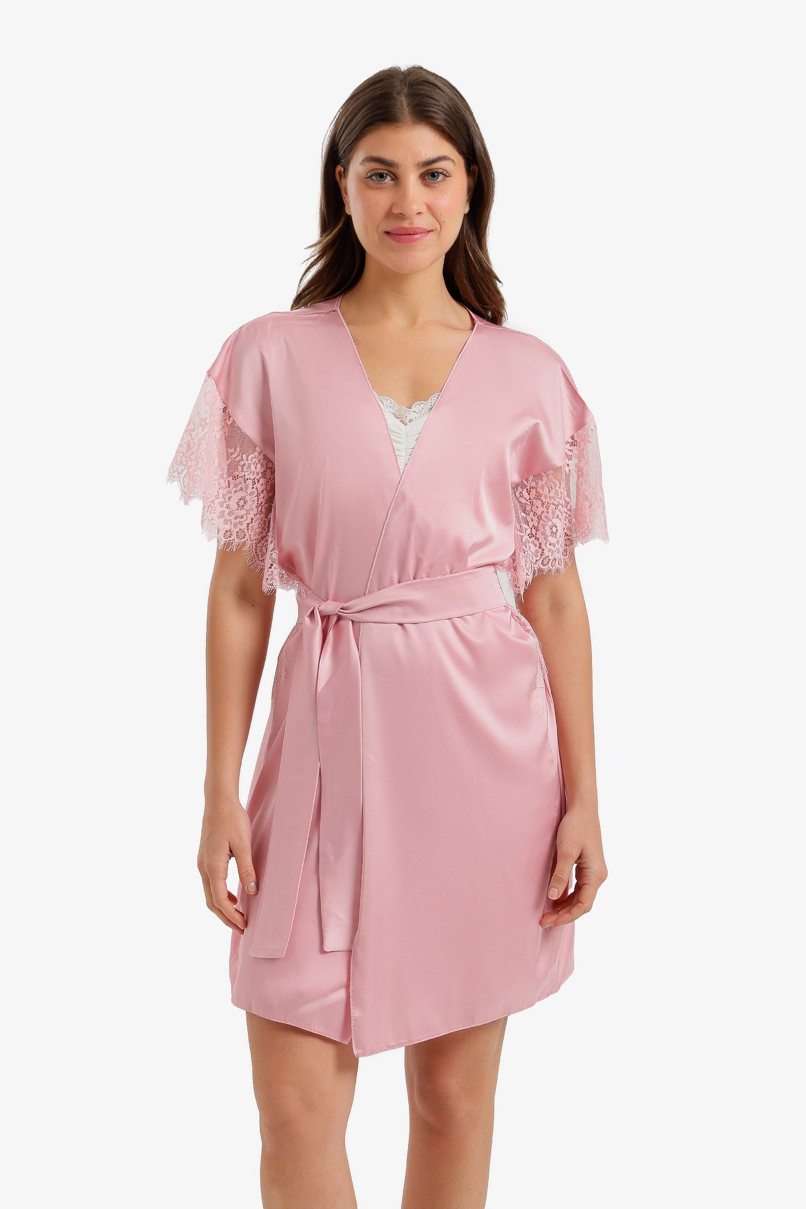 Lace-Sleeve Satin Robe