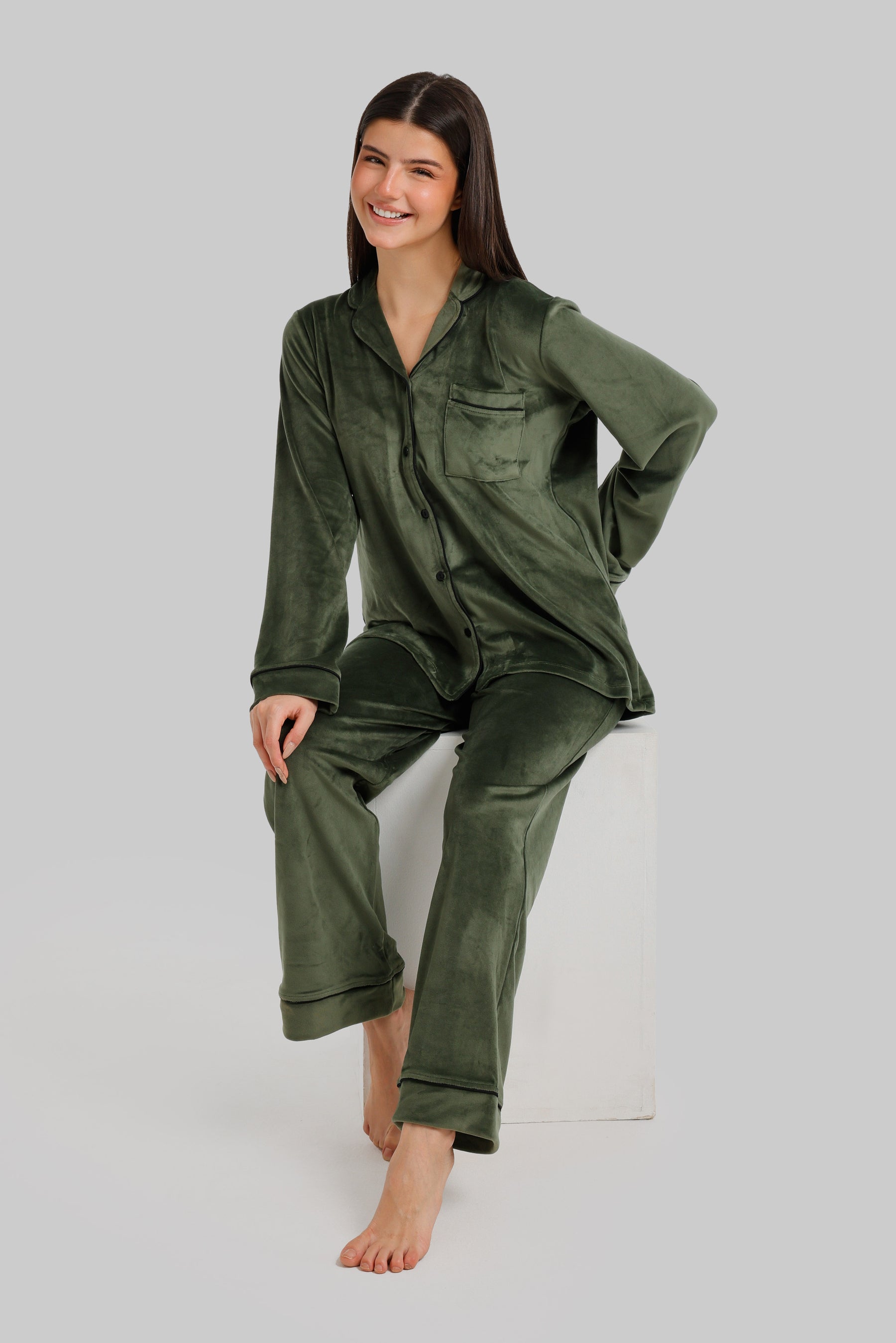 Piped Button-Front Pyjama