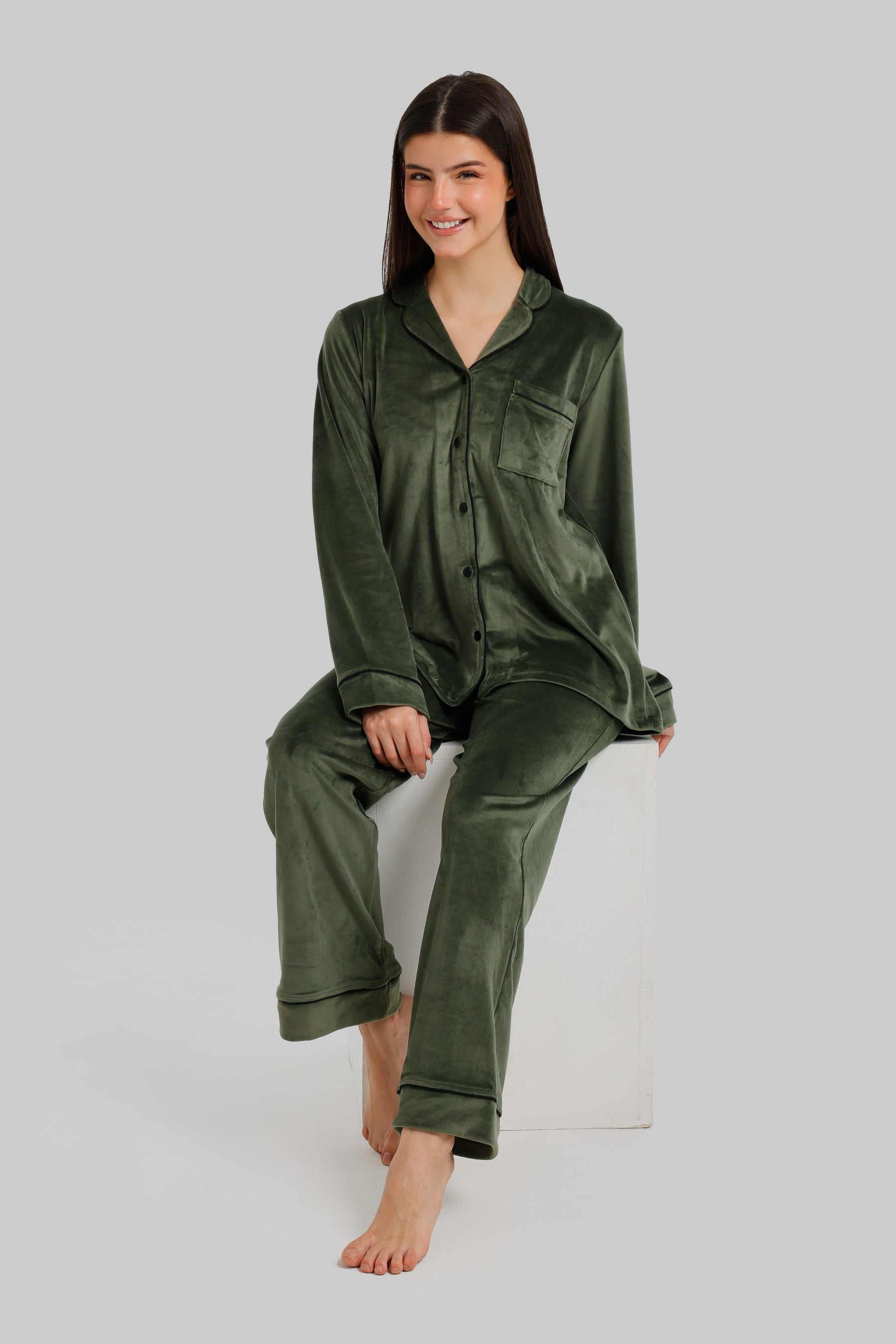 Piped Button-Front Pyjama