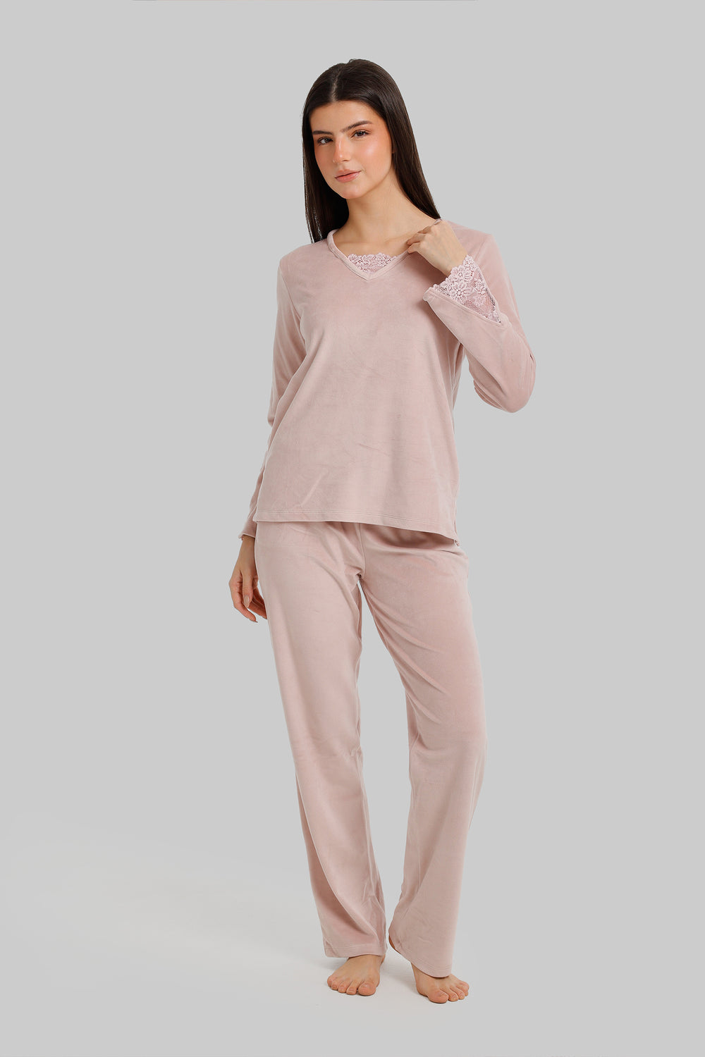 Lace-Trim Velvet Pyjama