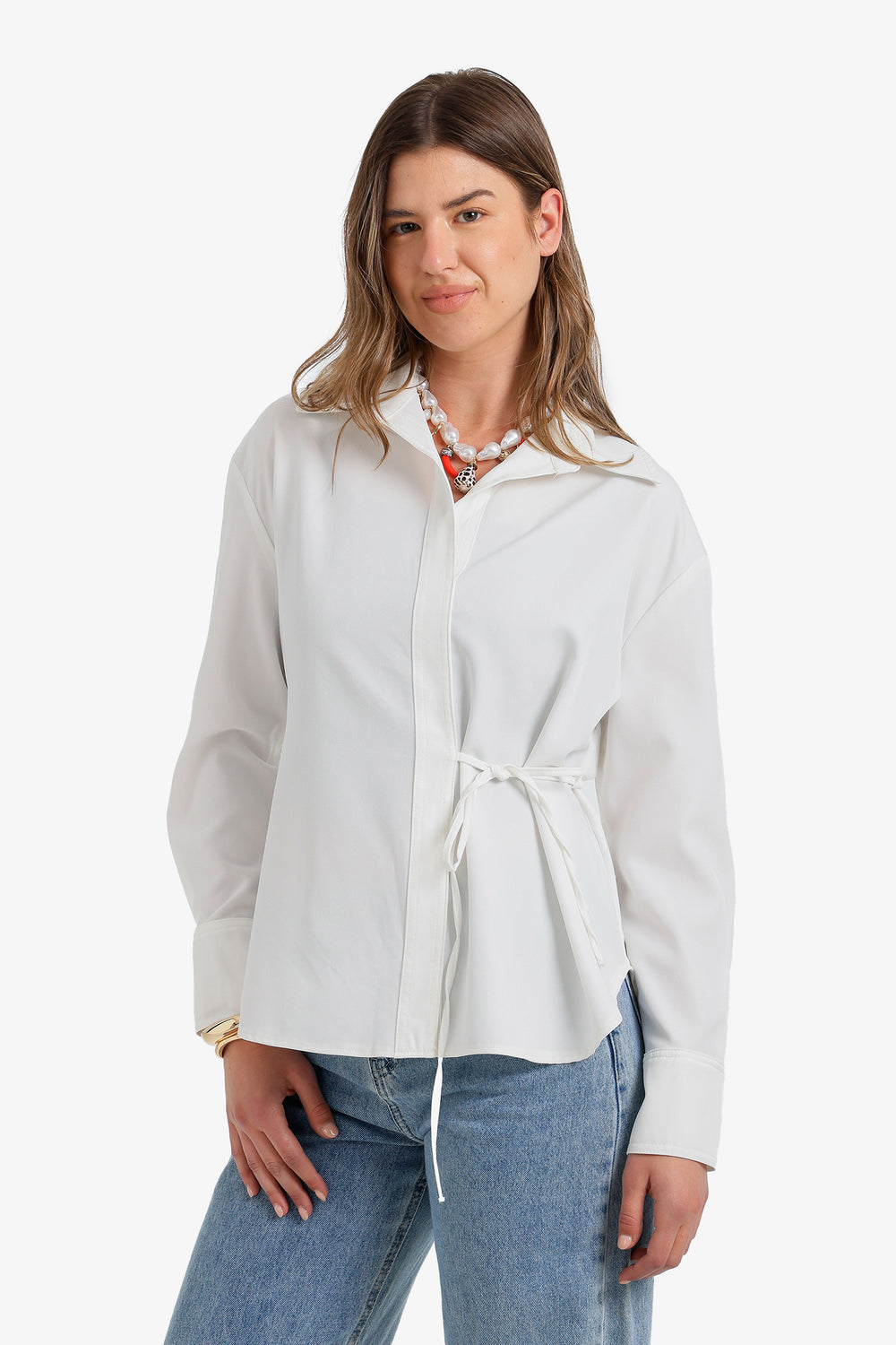 Cinched Hidden-Placket Shirt