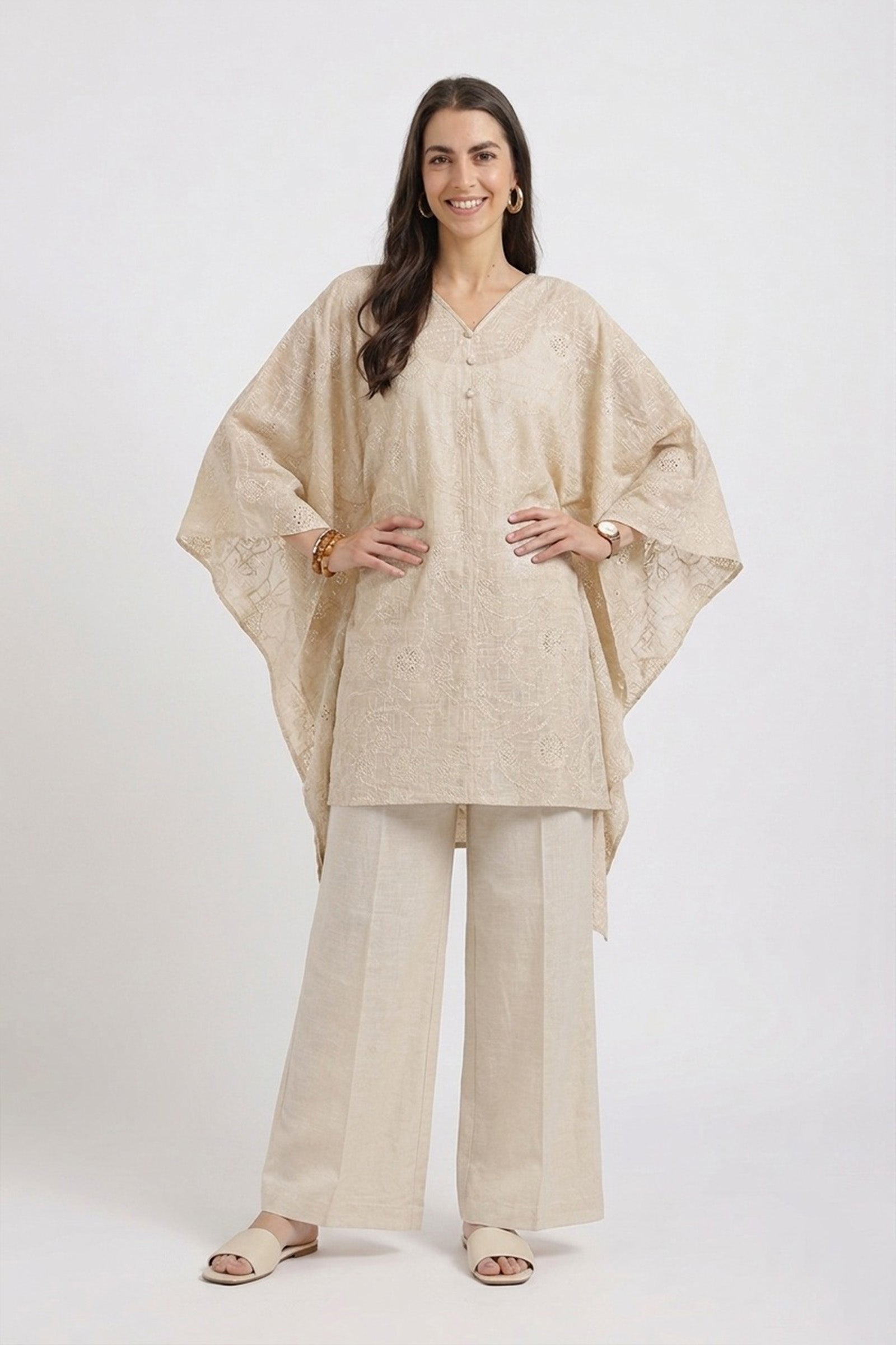 Pearl-Button Embroidered Poncho