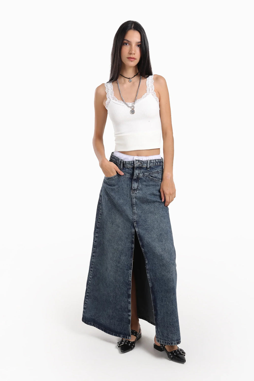 Denim Maxi Skirt with Slit