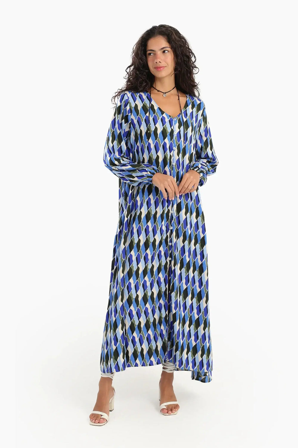 فستان مطبوع برقبة V 