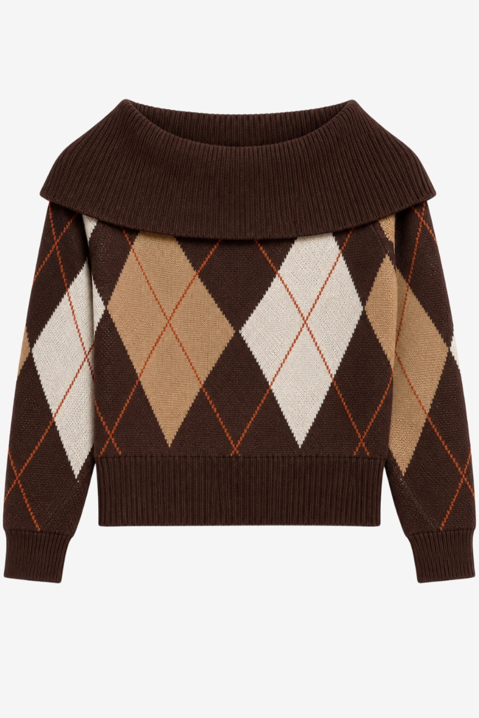 Bardot-Neck Argyle Pullover