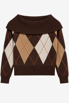 Bardot-Neck Argyle Pullover