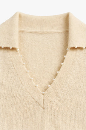 Pearl-Embellished Polo Pullover
