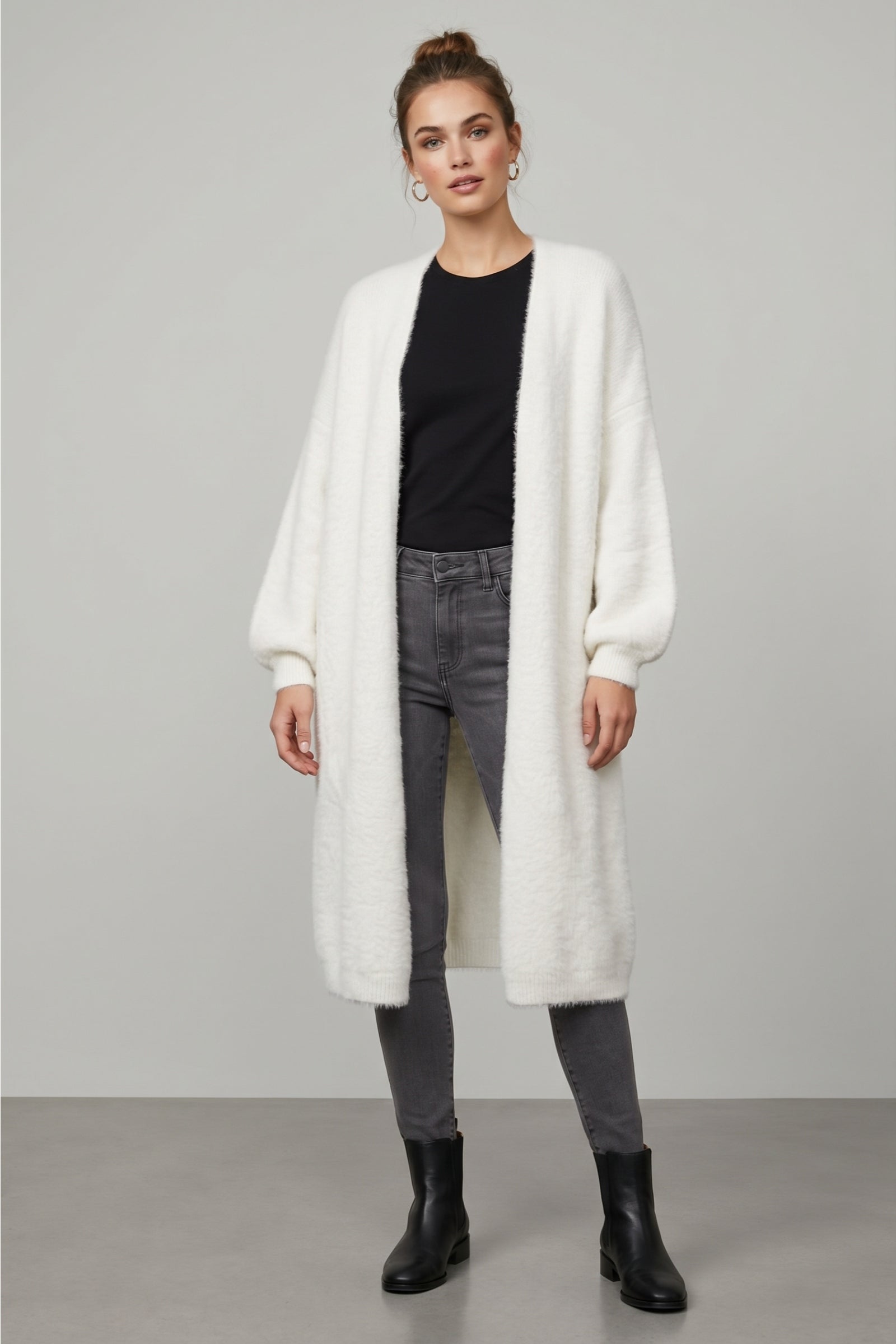 Balloon-Sleeve Fuzzy Cardigan