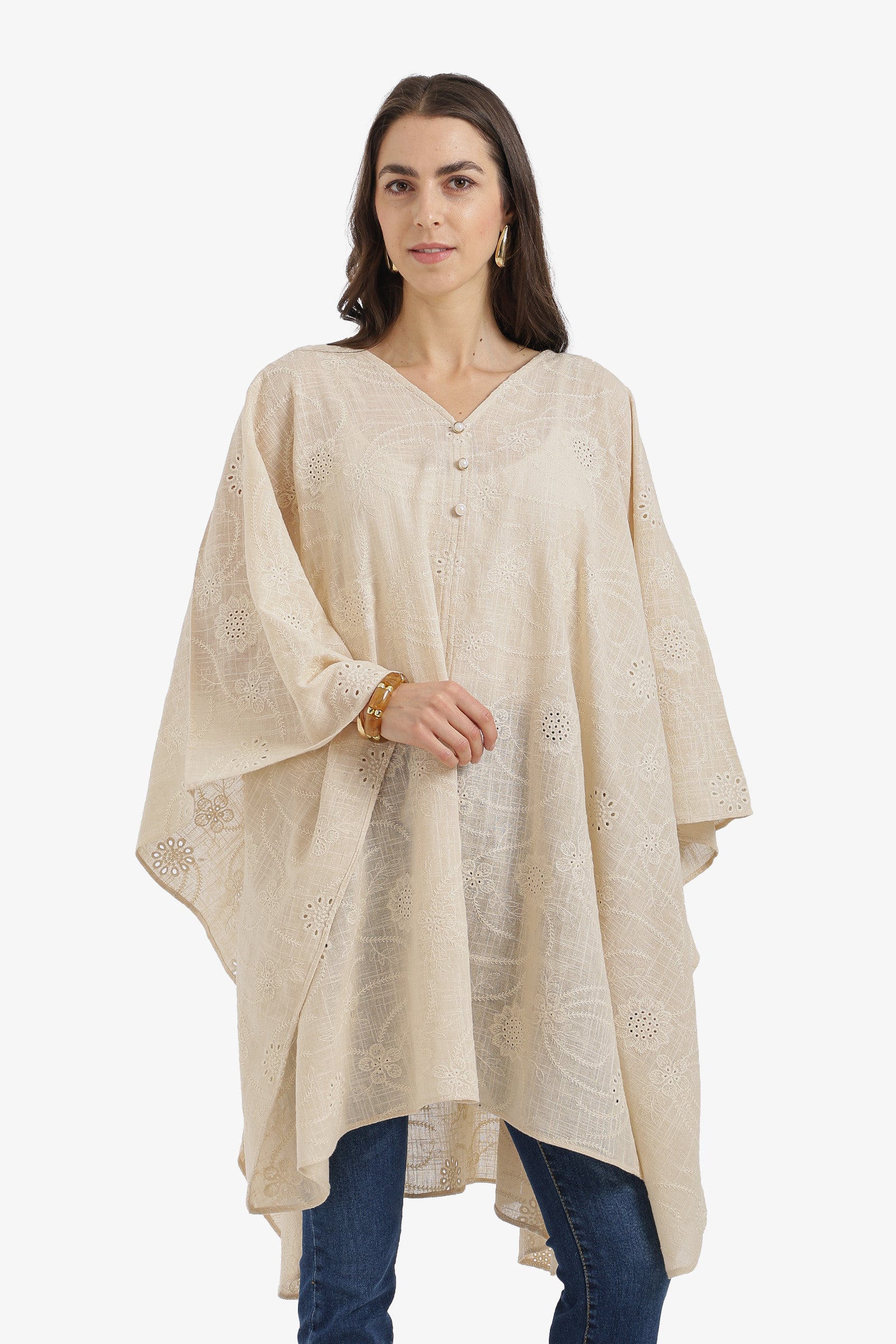 Pearl-Button Embroidered Poncho