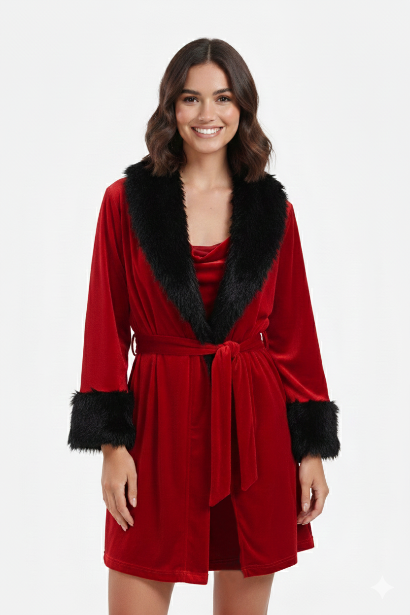 Velvet Robe with Fur Trim