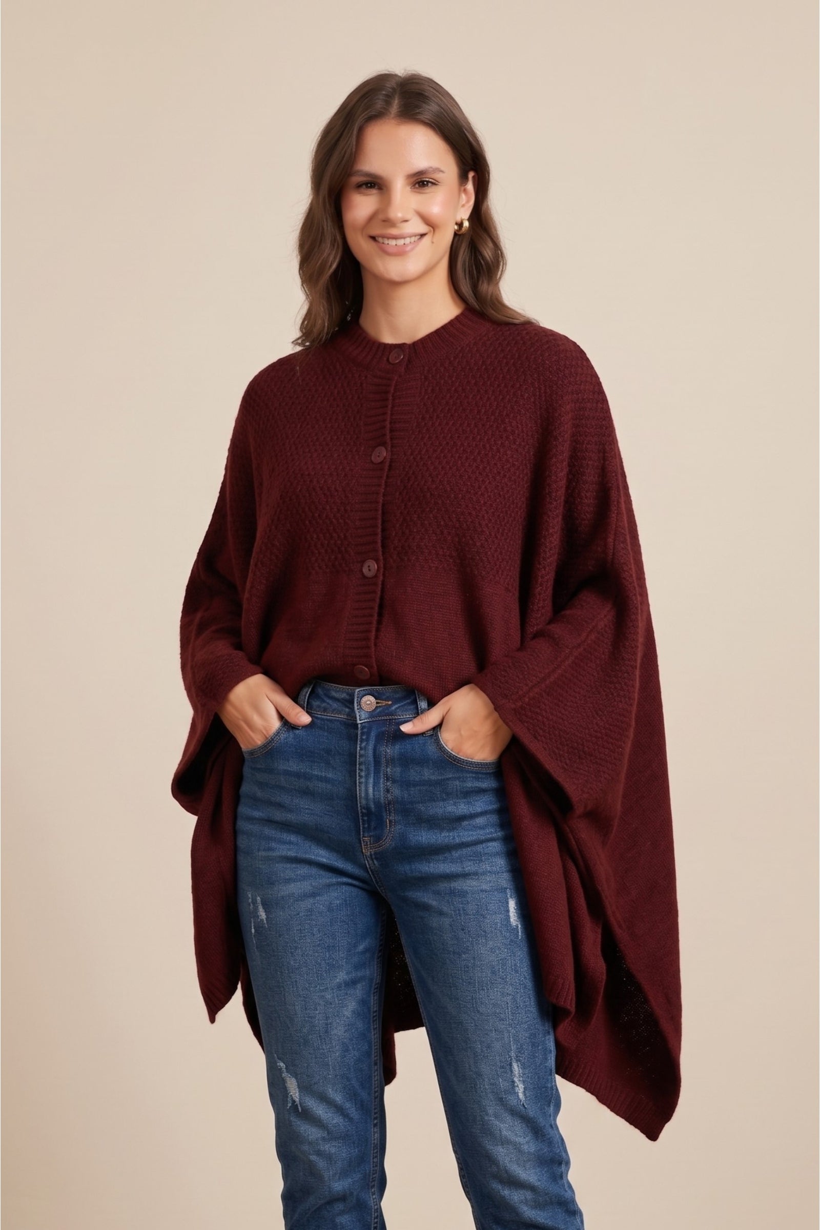 Asymmetric Button Front Poncho