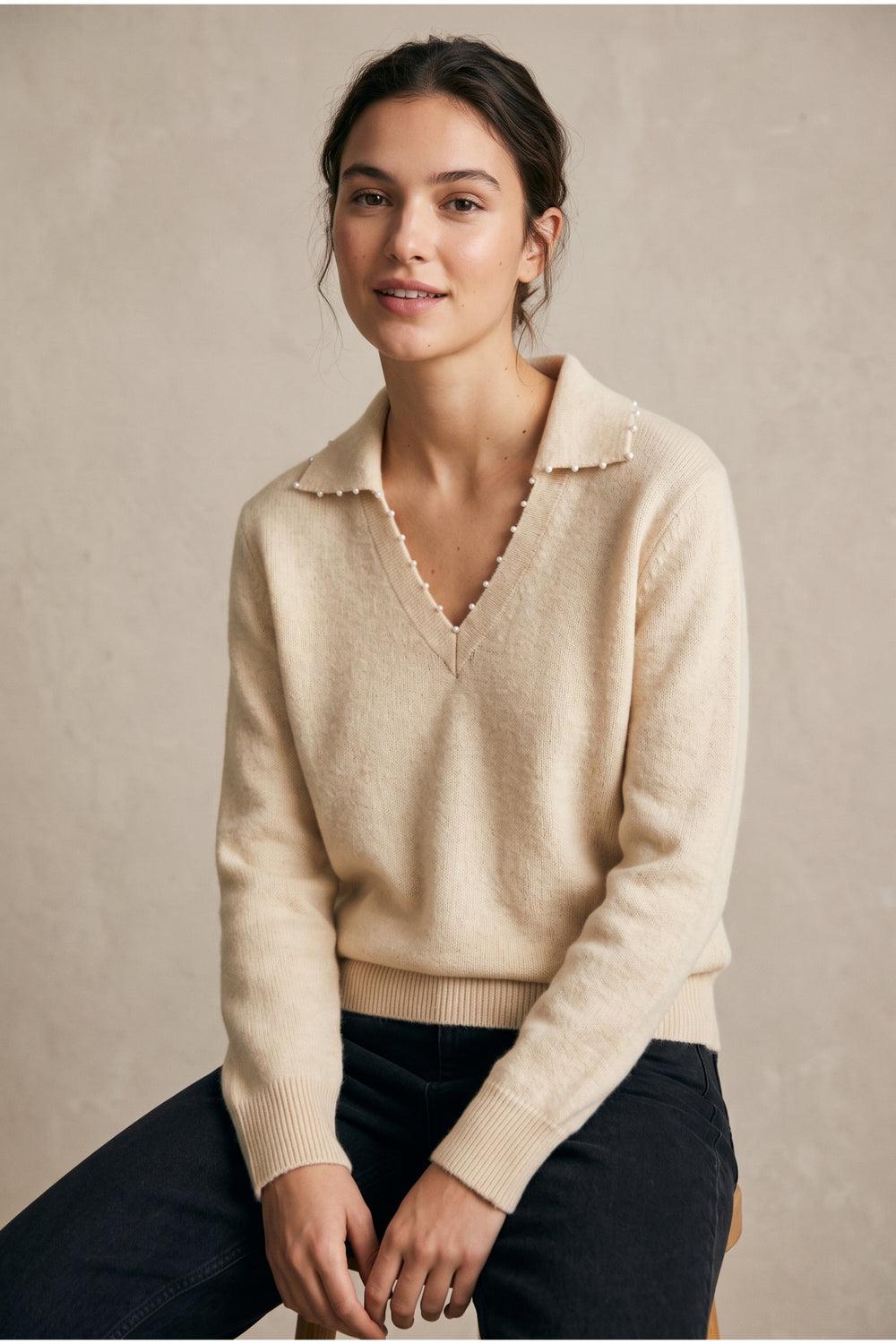 Pearl-Embellished Polo Pullover