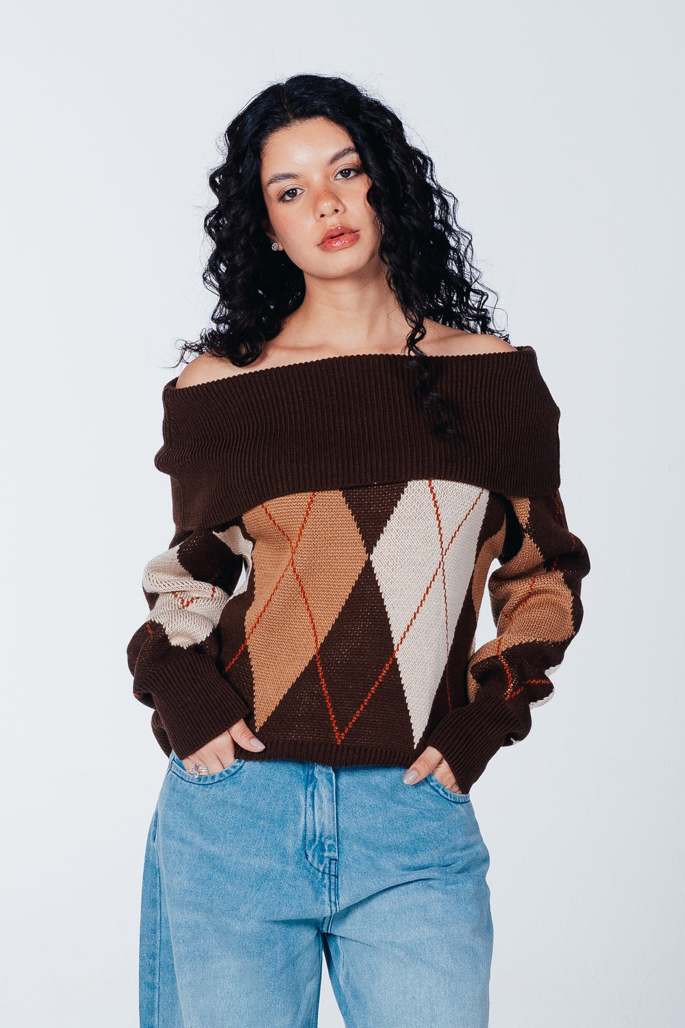 Bardot-Neck Argyle Pullover
