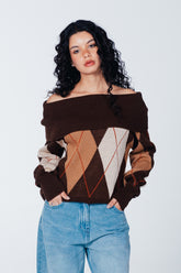 Bardot-Neck Argyle Pullover