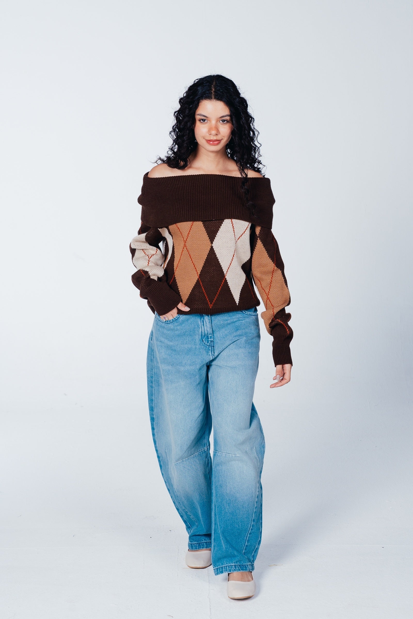 Bardot-Neck Argyle Pullover