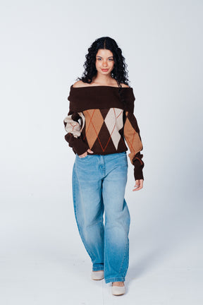 Bardot-Neck Argyle Pullover