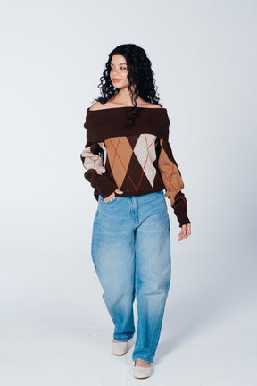 Bardot-Neck Argyle Pullover
